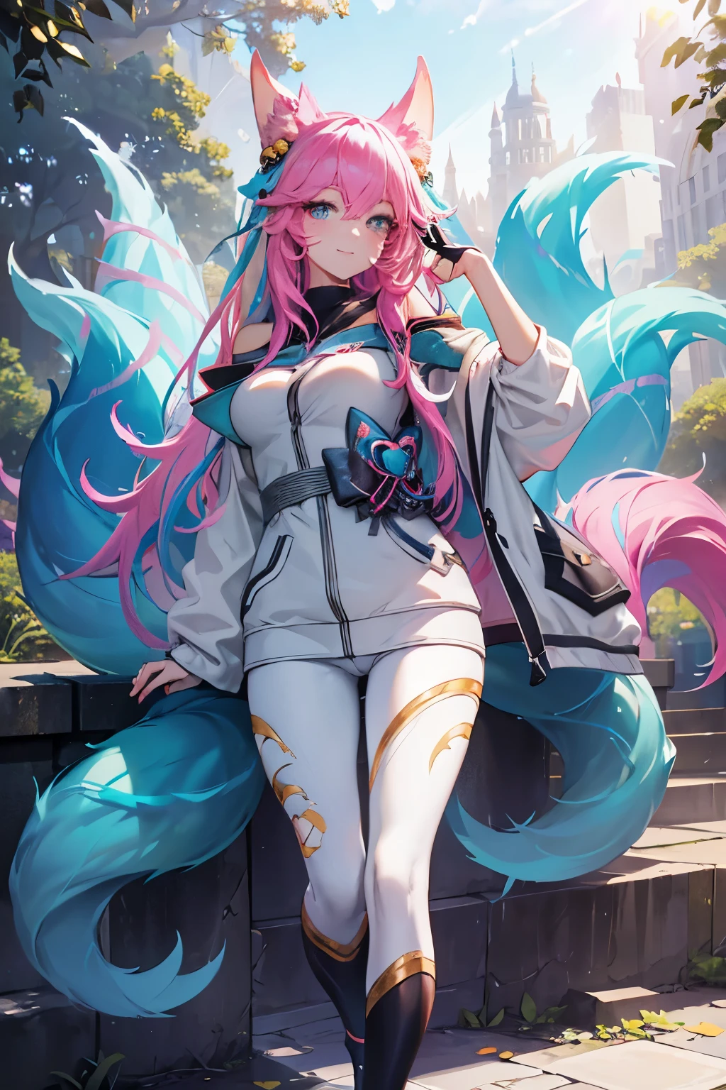 Ahri wearing a casual light grey hoodie,short jeans, beautiful detailed eyes, smiling face, longeyelashes, her tails forming a heart shape behind her, standing on a sidewalk, sun shining, vivid colors, photo-realistic, portraits, medium:illustration. (best quality,ultra-detailed,HDR,colorful vivid appearance,studio lighting)