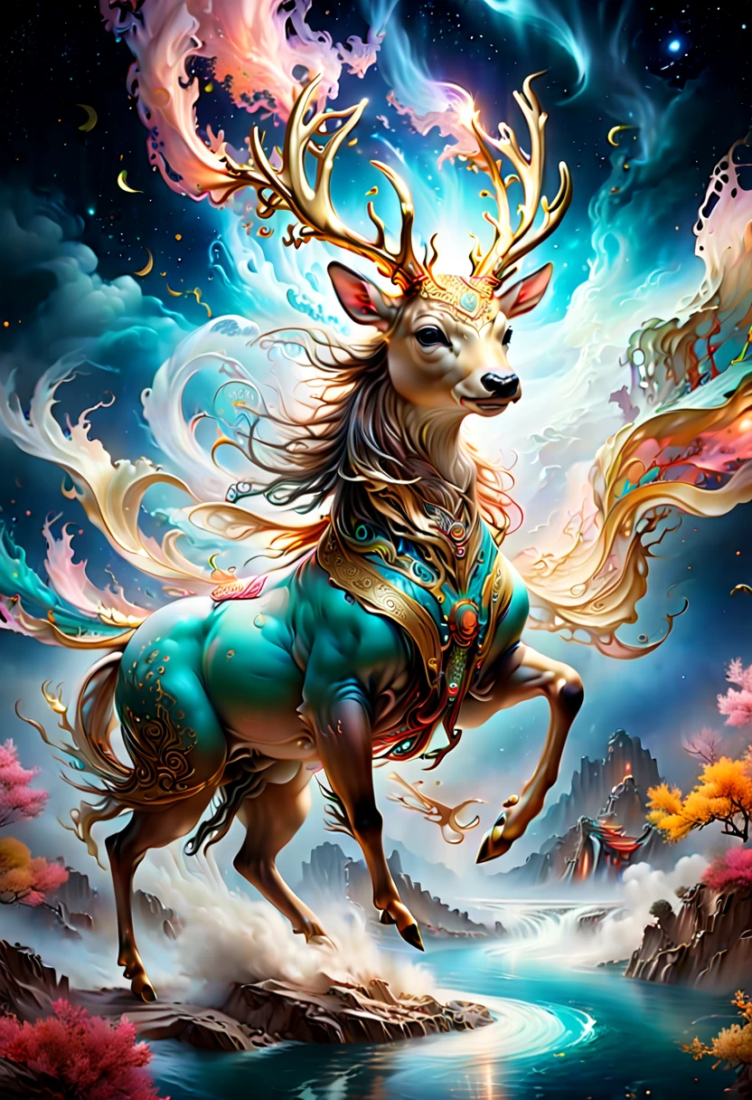 Chinese Colorful Deer, Dunhuang Color Matching, Eastern Aesthetics, Flowing Light Gauze, Light Dancing and Flying, Auspicious Clouds, Starry River, Gorgeous, Unreal, Super Realistic, Ultimate Details, Luxury, Movie Lighting, Close ups, Complex Textures, Octane Value Rendering, Fantasy Art Creation, (best quality, masterpiece, Representative work, official art, Professional, Ultra high detail, 8k:1.3)