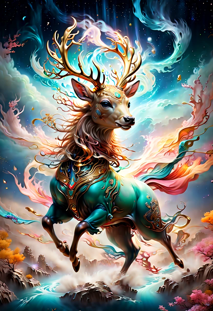 Chinese Colorful Deer, Dunhuang Color Matching, Eastern Aesthetics, Flowing Light Gauze, Light Dancing and Flying, Auspicious Clouds, Starry River, Gorgeous, Unreal, Super Realistic, Ultimate Details, Luxury, Movie Lighting, Close ups, Complex Textures, Octane Value Rendering, Fantasy Art Creation, (best quality, masterpiece, Representative work, official art, Professional, Ultra high detail, 8k:1.3)