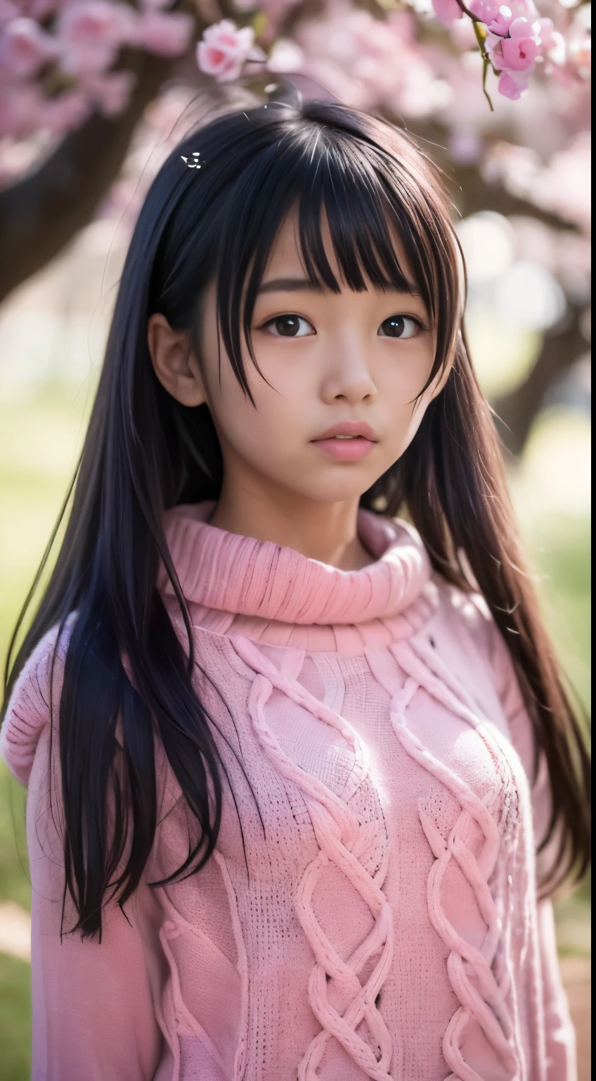 standing under the cherry tree, japanese girl, 15 years old, little, cute, (pale pink oversized knitted sweater:1.3), pupils sparkling, black twintail hair, depth of field, f/1.8, anatomically correct, textured skin, super detail, high details, high quality, super detail, high details, high quality, best quality, highres