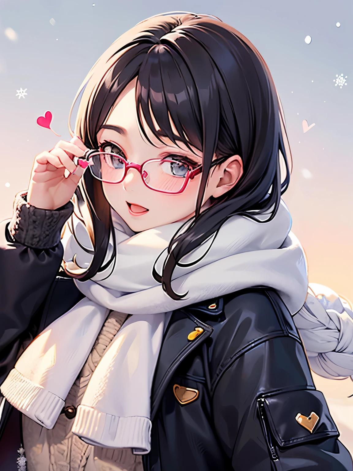 girl,((glasses)),((♡)),((flying Heart's)),((snow view background:1.3)),((snowy park background:1.2)),(Fancy World),((Colorful and casual winter clothes)),close up of face,