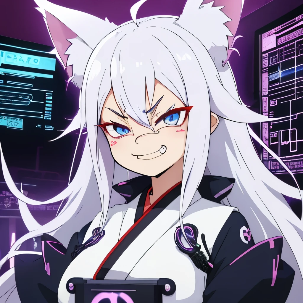 Anime "a (cute1.33) (young:1.33) Fox Girl, (white) ombre Hair, (blue:1.2) Eyes (pinched together), white fox ears, (Smug:2) big (grin:1.5) with open mouth, (Blush1.33), (busty1.5), wearing a (futuristic) kimono, looking at Monitor" with background "Basement (hacker) Room, Many Monitors with (orderflow charts)", Art by Mai Yoneyama, icy colortheme, Blue Purple , (Cartoon:2), dim Monitor light, colorful, (masterpiece), best quality, expressive eyes, perfect face