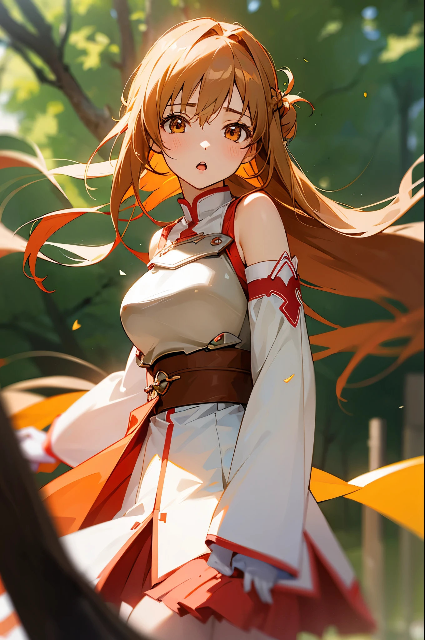 masterpiece, best quality, SimplePositiveXLv2, yuuki asuna, 1girl, solo, long hair, breasts, looking at viewer, blush, open mouth, bangs, skirt, large breasts, brown hair, long sleeves, bare shoulders, brown eyes, upper body, braid, pleated skirt, outdoors, parted lips, detached sleeves, day, belt, armor, tree, orange eyes, floating hair, red skirt, breastplate, bush,