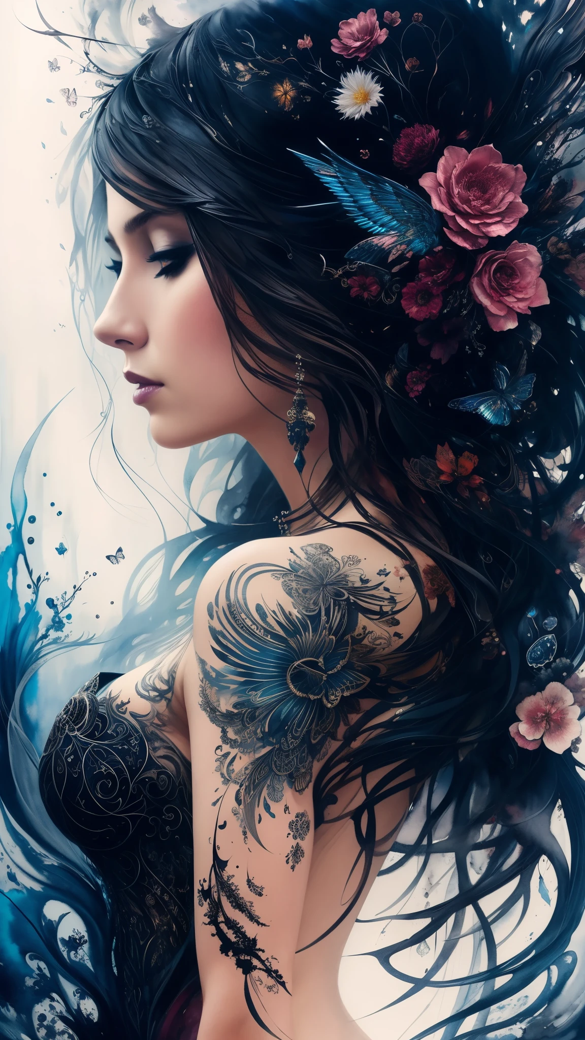 Colorful beautiful woman: Black ink flow: 8k resolution photorealistic masterpiece: by Aaron Horkey and Jeremy Mann: intricately detailed fluid gouache painting: by Jean Baptiste Mongue: calligraphy: acrylic: watercolor art, professional photography, natural lighting, volumetric lighting maximalist photoillustration: by marton bobzert: 8k resolution concept art intricately detailed, complex, elegant, expansive, fantastical