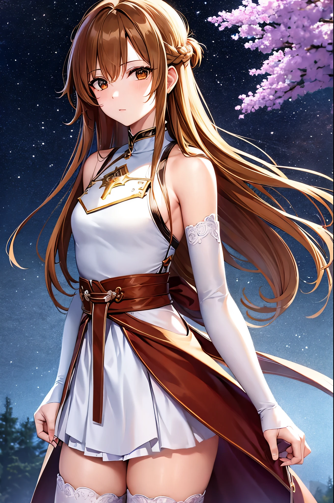 asunayuuki, asuna yuuki, long hair, brown hair, (brown eyes:1.7), (small breast:1.2), BREAK skirt, thighhighs, bare shoulders, detached sleeves, armor, white thighhighs, breastplate, red skirt, BREAK outdoors, nature, forest, sun, sky, BREAK looking at viewer, (cowboy shot:1.5), BREAK (masterpiece:1.2), best quality, high resolution, unity 8k wallpaper, (illustration:0.8), (beautiful detailed eyes:1.6), extremely detailed face, perfect lighting, extremely detailed CG, (perfect hands, perfect anatomy),