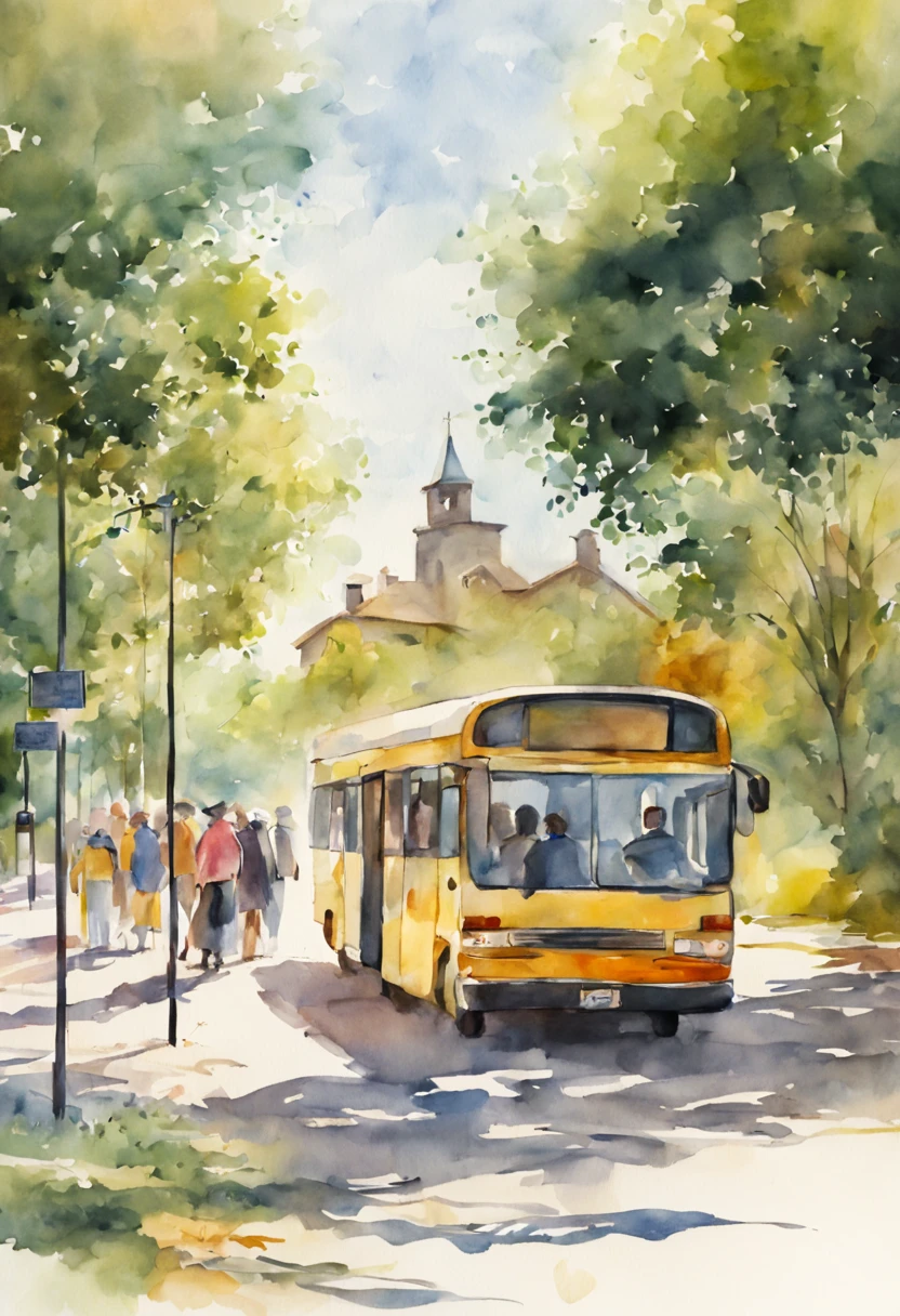 Bus stop landscape, countryside, long countryside, people waiting for bus, chairs, bright sunlight, watercolor, 4k image