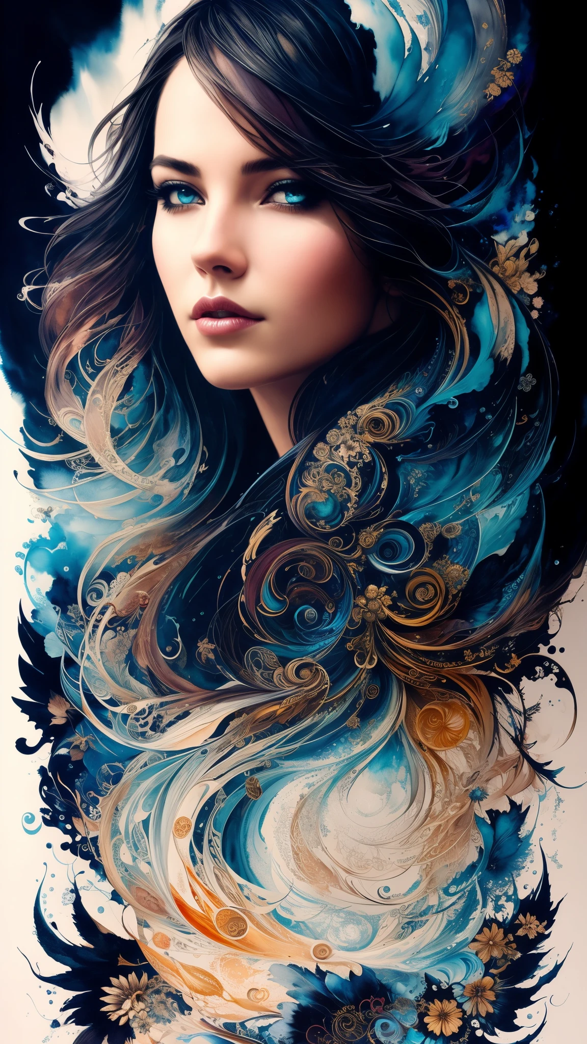 Colorful beautiful woman: Black ink flow: 8k resolution photorealistic masterpiece: by Aaron Horkey and Jeremy Mann: intricately detailed fluid gouache painting: by Jean Baptiste Mongue: calligraphy: acrylic: watercolor art, professional photography, natural lighting, volumetric lighting maximalist photoillustration: by marton bobzert: 8k resolution concept art intricately detailed, complex, elegant, expansive, fantastical