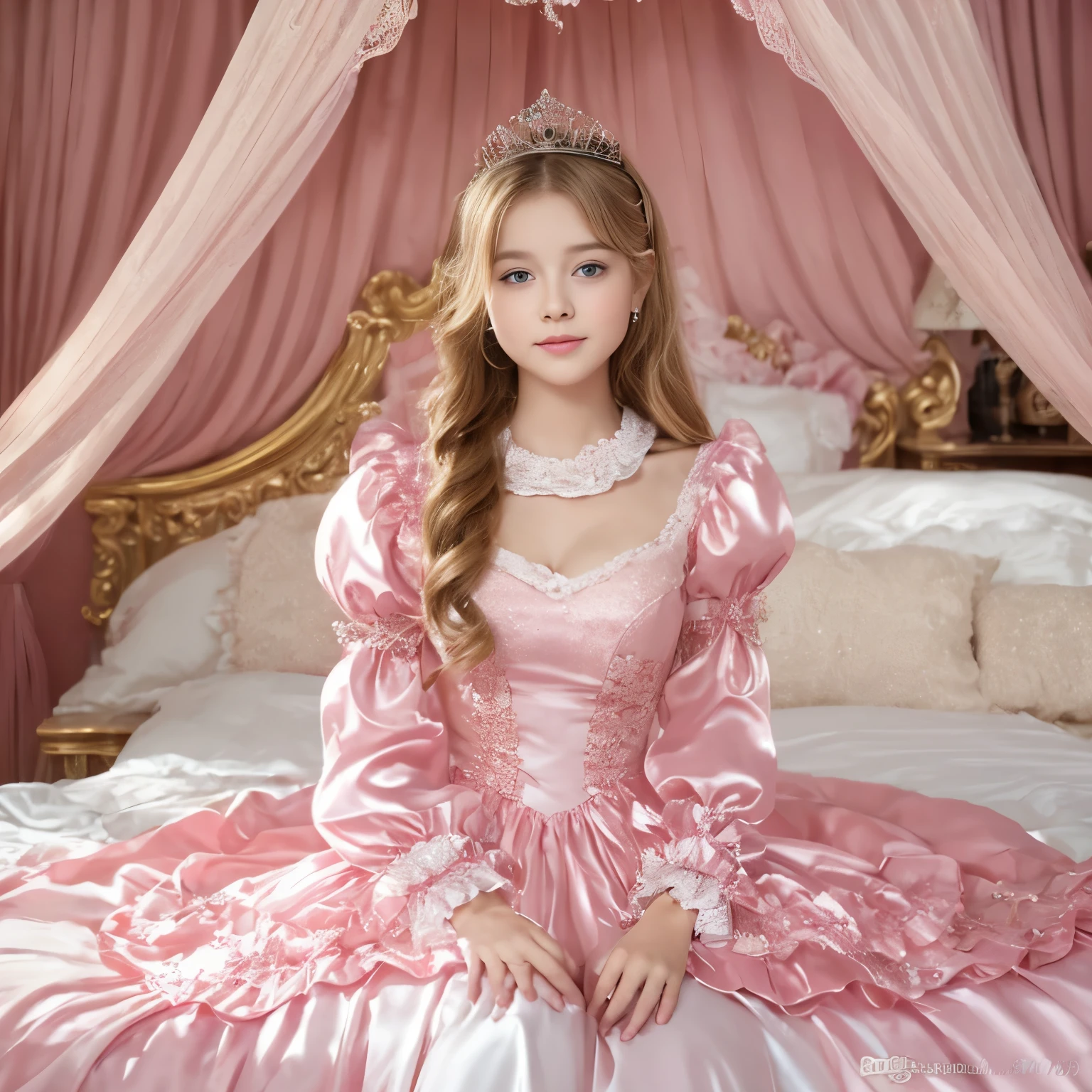 ,highest quality, masterpiece, highest resolution, artwork, super それにget used to it, many get used to it, get used to it, それにget used to it, 3K realistic photos,,(( When I was 10 years old)),Super detailed baby face,She is a princess,Full length ball gown dress with hoop skirt,ruffled yoke collar,puff sleeves,long sleeve,((Lolita style hot pink detailed princess satin dress、Comes with lots of frills and ribbons。)),colorful rococo fashion,shiny satin dress,Soft and smooth fabric,luxury,long blonde hair,blue eyes,white skin european,pajamas,((inside the palace)),,,(( When I was 10 years old)),Super detailed baby face,Full length ball gown dress with hoop skirt,long skirt,ruffled yoke collar,puff sleeves,腰まで伸びるlong blonde hair,blue eyes,white skin european,pajamas,((inside the palace bedroom)),ピンクのシルクサテンのluxuryなcanopy bedの上,canopy bed,Luxury curtains on both sides of the bed,many frilly pillows on the bed,super detailed background,Detailed bed,silk satin bed sheets,soft silk satin comforter,Soft silk satin ruffled pillow in pastel colors,romantic atmosphere,little princess is sitting on the bed,Don'Don't put your feet out to the side,Beautiful girl illustration,detailed beautiful face detailed hair,detailed human eye ,detailed mouth, arm details,fine hands,Detailed pillow,