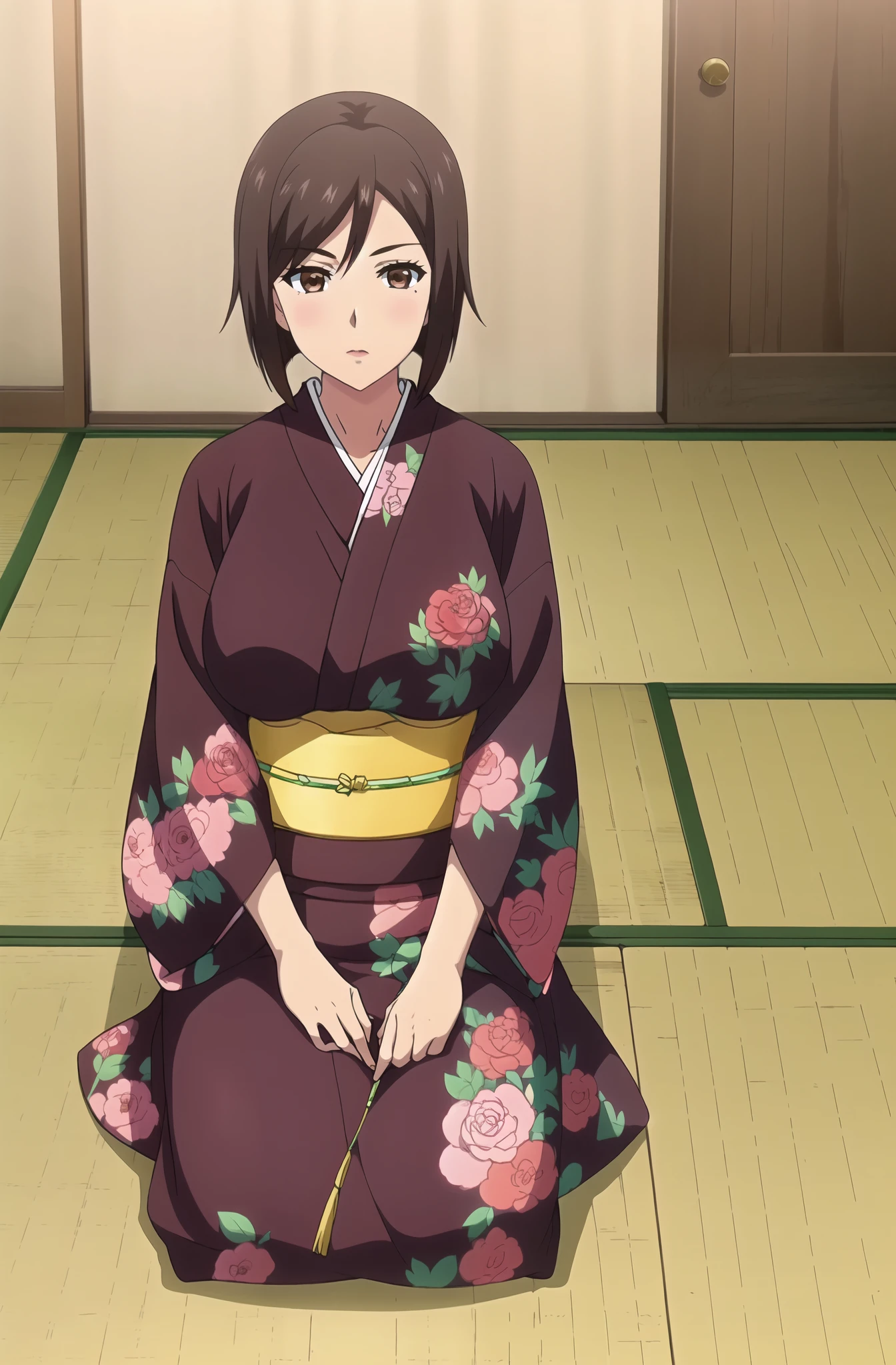 master piece, 1girl, solo, looking at viewer, short hair, large breasts, BROWN hair, brown eyes, sitting, flower, japanese clothes, indoors, RED kimono, mole, sash, mole under eye, obi, seiza, red kimono,