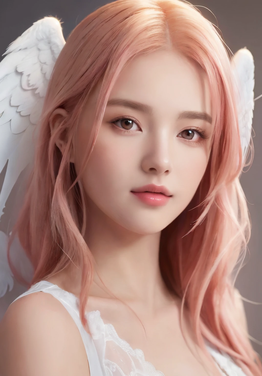 A C-cup woman with pink hair and angel wings is posing for a photo, 8K high quality detailed art, of an beautiful angel girl, beautiful angel girl portrait, cute realistic portrait, portrait of a beautiful angel, beautiful angel, angel girl, of beautiful angel, Gwaites style artwork, Realistic Digital Art 4k, realistic digital art 4k