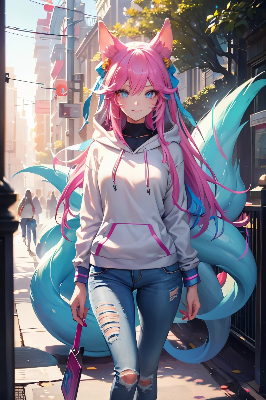 Ahri wearing a casual light grey hoodie,short jeans, beautiful detailed eyes, smiling face, longeyelashes, standing on a sidewalk, sun shining, vivid colors, photo-realistic, portraits, medium:illustration. (best quality,ultra-detailed,HDR,colorful vivid appearance,studio lighting), beautiful eyes