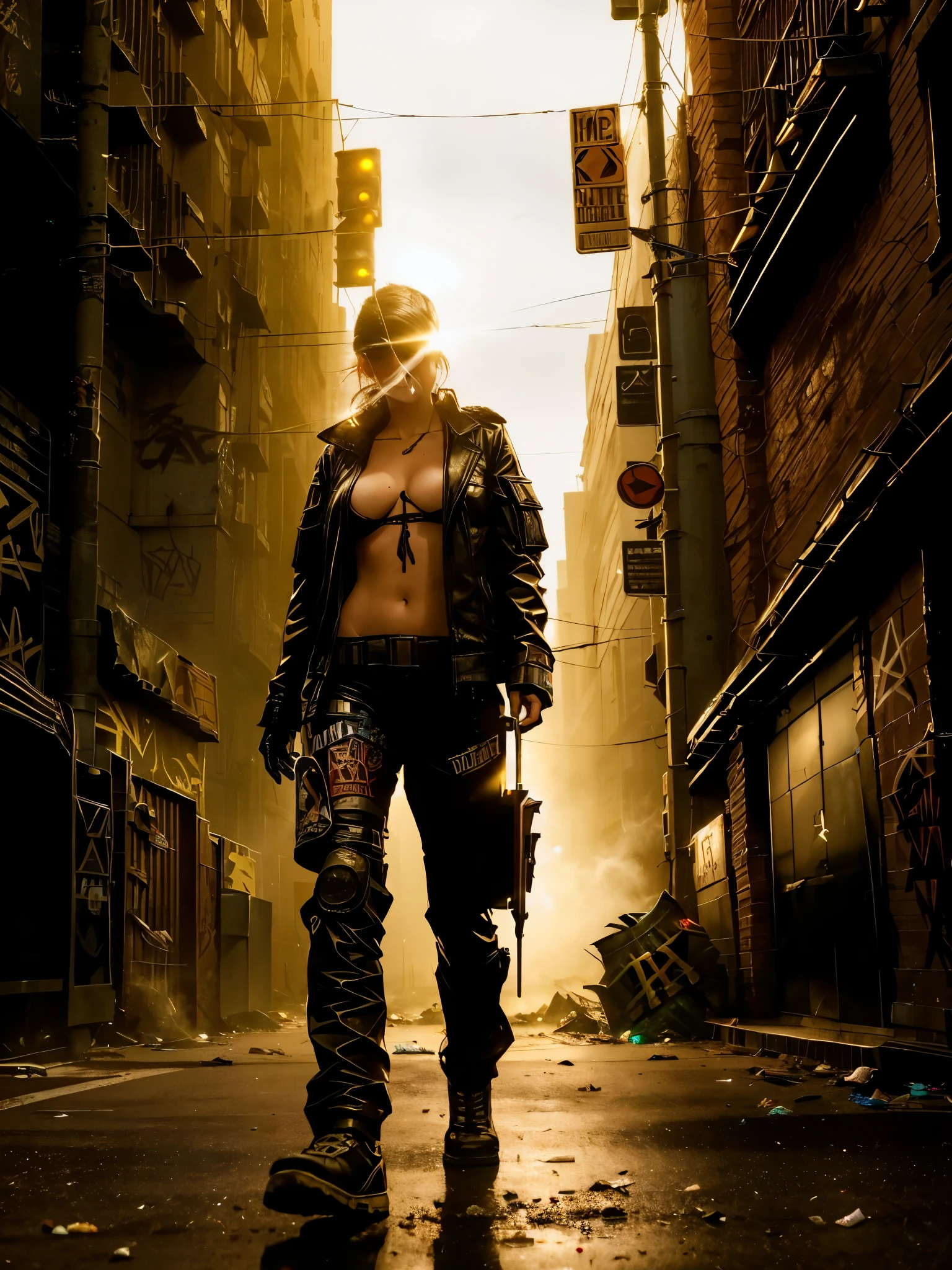 (4k,masterwork), realistic, 1girl, young, a female decker in a (shadowrun style background), ragged military grade clothing, lens flare, ((crowded urban ambience)), dark and dusty ambience, (((((trash))))), decadent look, (((grafitti))), neon ligths, (smoke coming from the sewers)