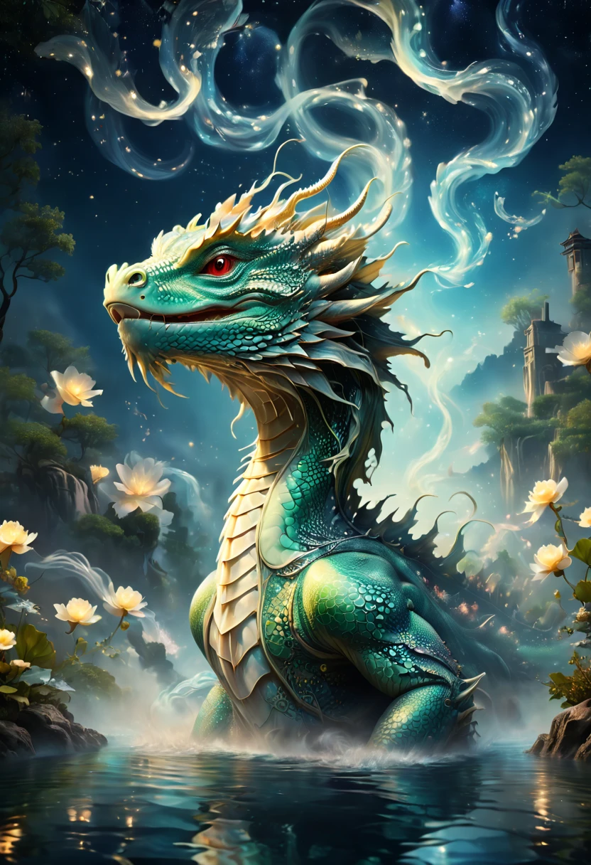 Water dragon chanting, national beauty and heavenly fragrance, enchanting the country and the city, elegant light gauze, starry river, gorgeous, illusory, ultimate details, ultra-high definition, light and shadow effects, ultra clear, dreamy art creation, (best quality, masterpiece, Representative work, official art, Professional, Ultra high detail, 8k)