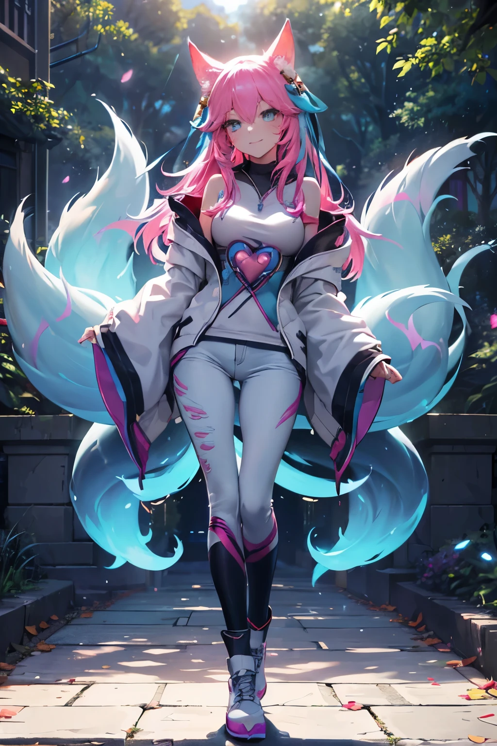 Ahri wearing a casual light grey hoodie,short jeans, beautiful detailed eyes, smiling face, longeyelashes, her tails forming a heart shape behind her, standing on a sidewalk, sun shining, vivid colors, photo-realistic, portraits, medium:illustration. (best quality,ultra-detailed,HDR,colorful vivid appearance,studio lighting), beautiful eyes