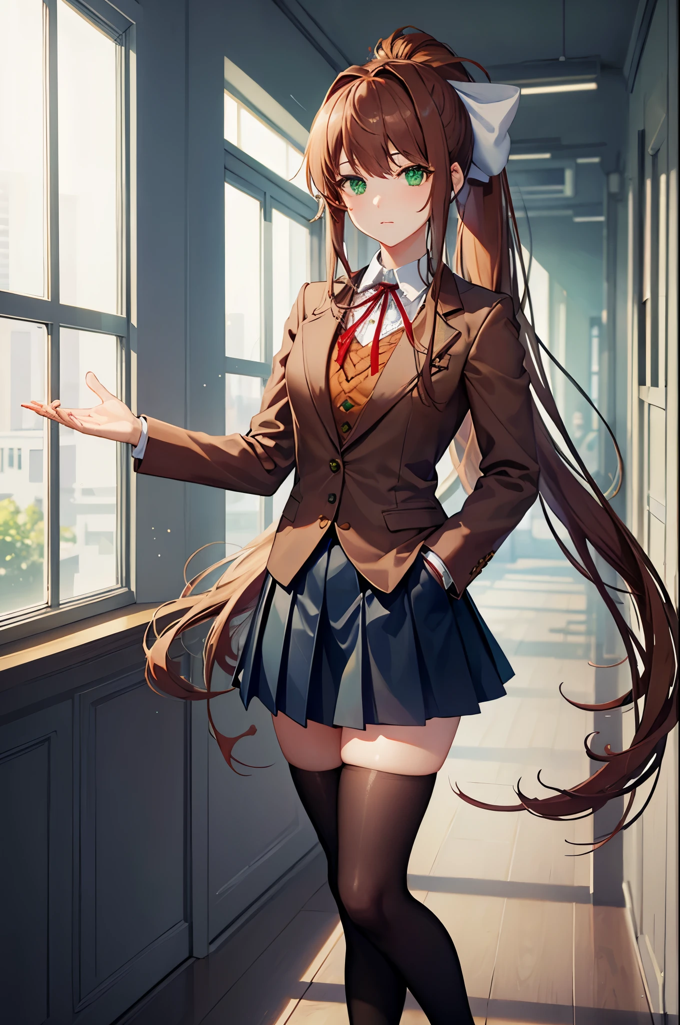 ddlcmonika, ddlcmonika, blunt bangs, brown hair, (green eyes:1.5), long hair, ponytail, ribbon, white ribbon, hair ribbon, sidelocks, BREAK black thighhighs, blue skirt, brown jacket, jacket, long sleeves, mary janes, over-kneehighs, pleated skirt, school uniform, shoes, skirt, thighhighs, zettai ryouiki BREAK looking at viewer, BREAK indoors, classroom, BREAK (masterpiece:1.2), best quality, high resolution, unity 8k wallpaper, (illustration:0.8), (beautiful detailed eyes:1.6), extremely detailed face, perfect lighting, extremely detailed CG, (perfect hands, perfect anatomy),