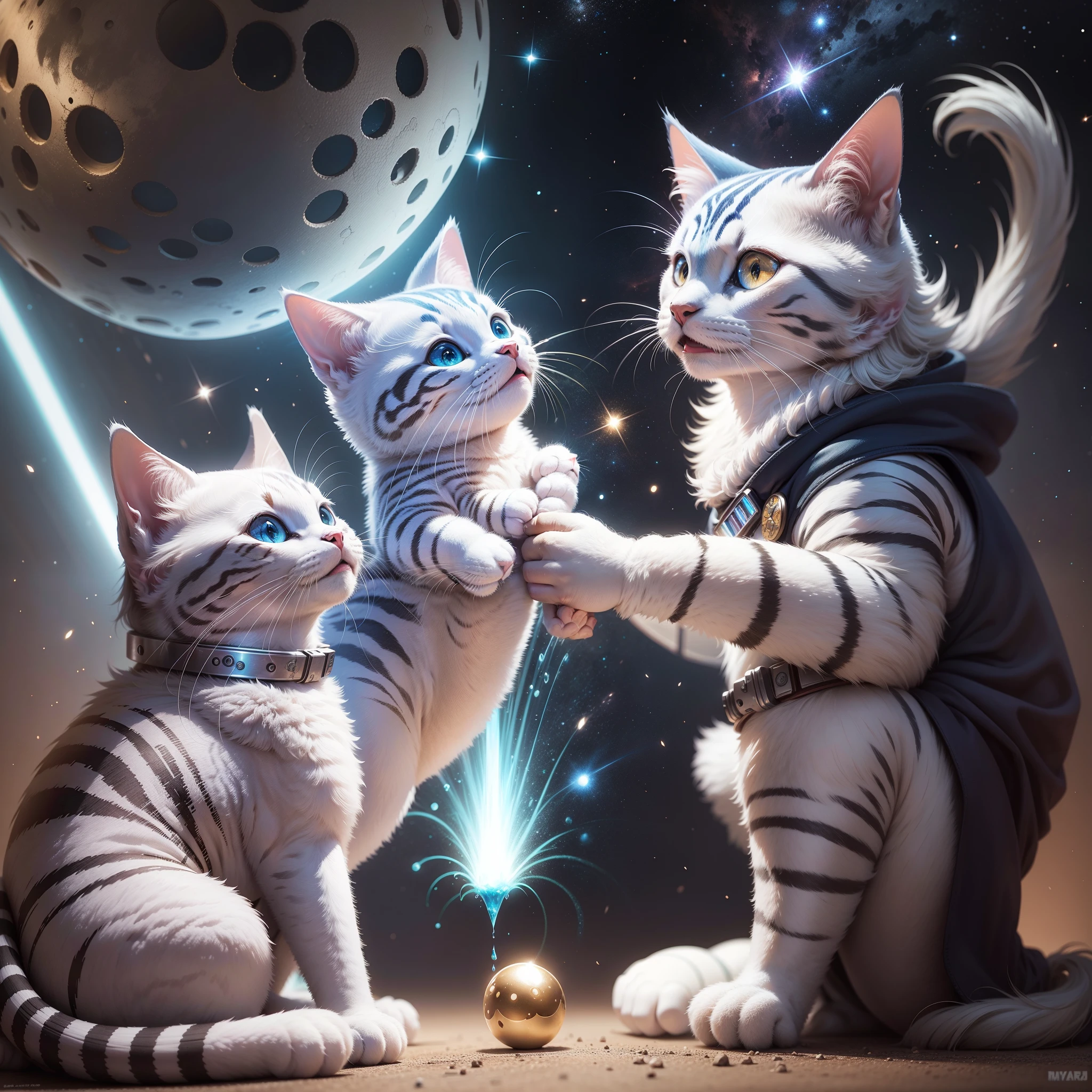 magical jedi creatures, in space, hyperrealistic, cats, light, playing, laughing, beautiful,  cute  