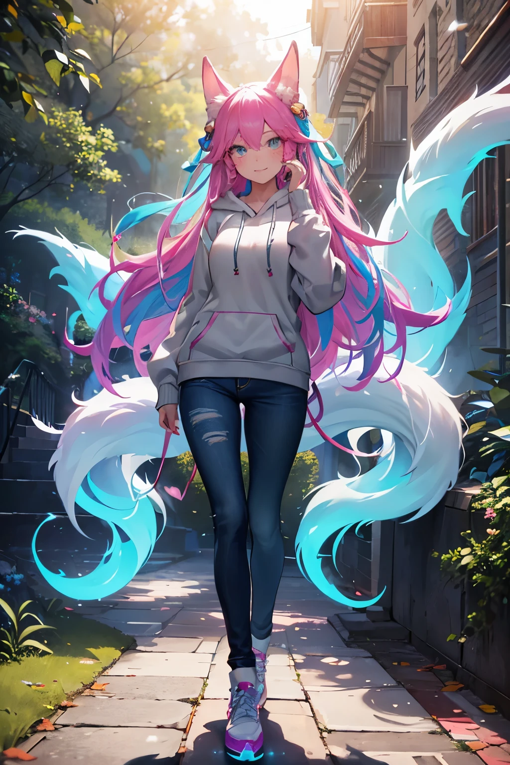 Ahri wearing a casual light grey hoodie,short jeans, beautiful detailed eyes, smiling face, longeyelashes, her tails forming a heart shape behind her, standing on a sidewalk, sun shining, vivid colors, photo-realistic, portraits, medium:illustration. (best quality,ultra-detailed,HDR,colorful vivid appearance,studio lighting), beautiful eyes