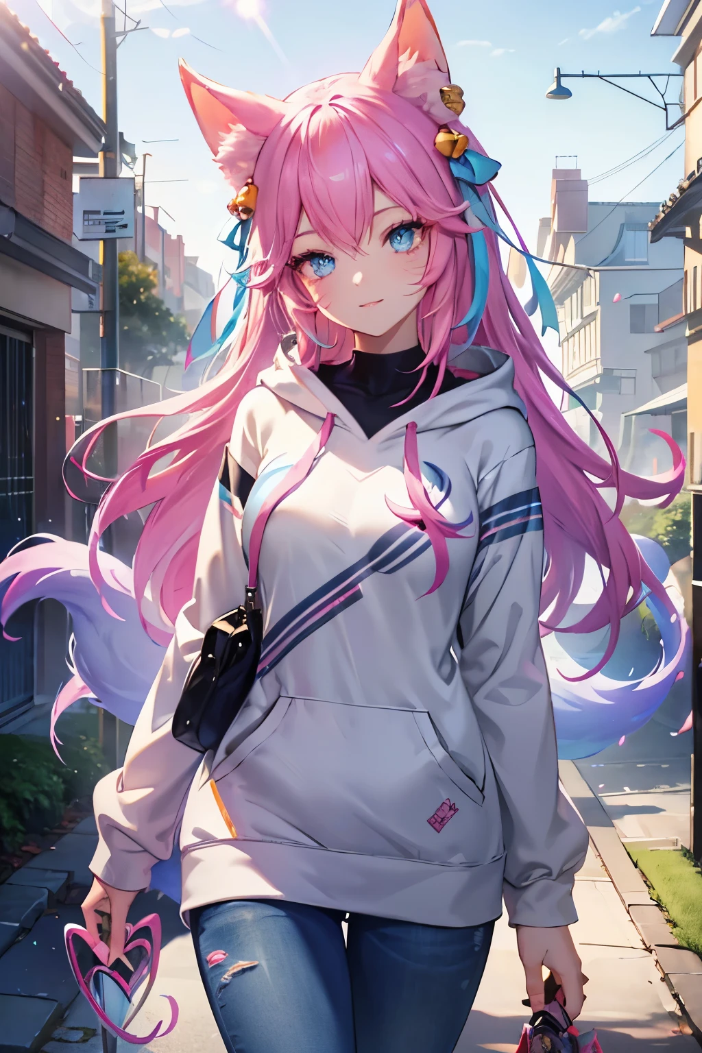 Ahri wearing a casual light grey hoodie,short jeans, beautiful detailed eyes, smiling face, longeyelashes, her tails forming a heart shape behind her, standing on a sidewalk, sun shining, vivid colors, photo-realistic, portraits, medium:illustration. (best quality,ultra-detailed,HDR,colorful vivid appearance,studio lighting), beautiful eyes