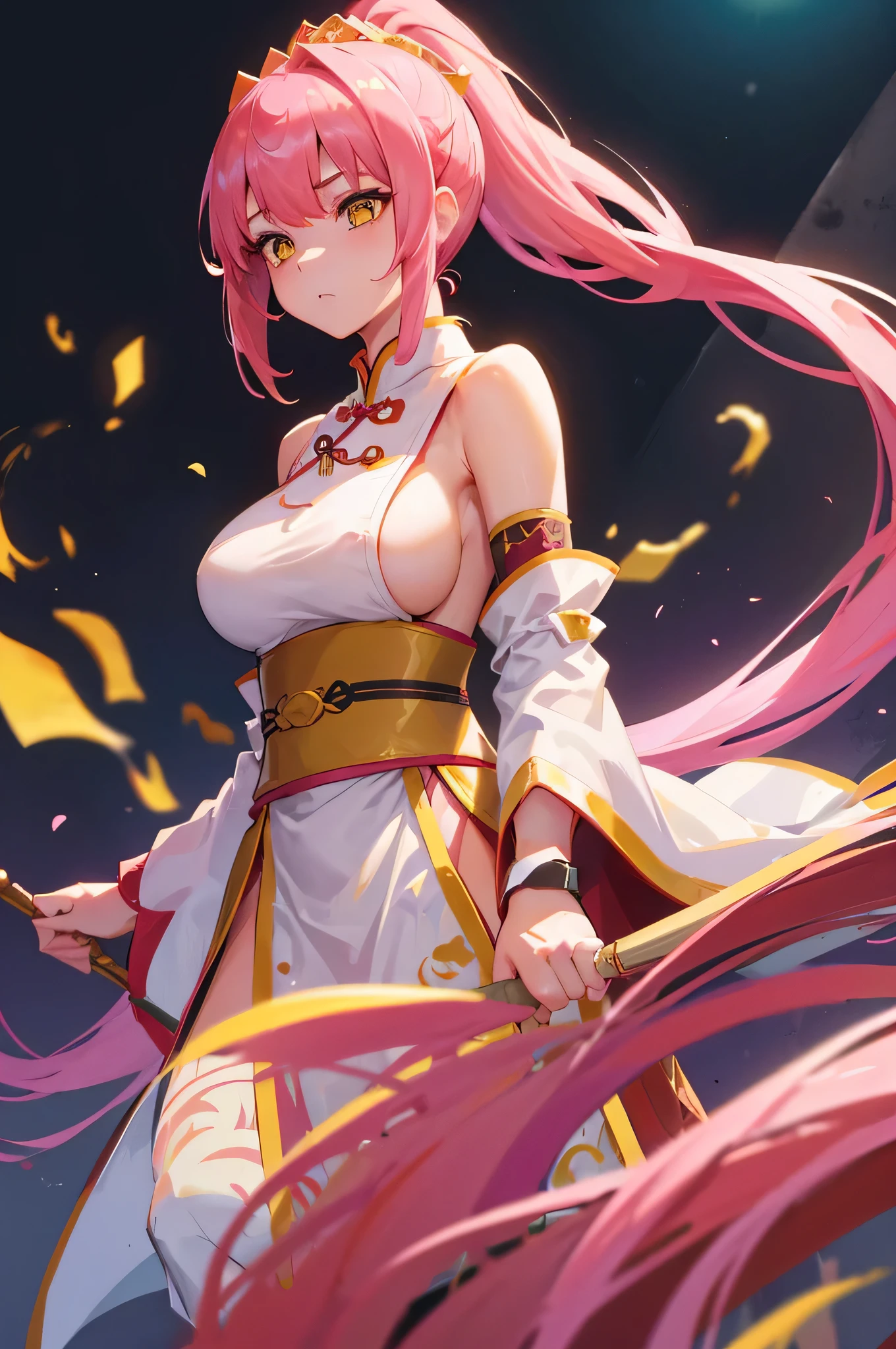 4K,High resolution,one woman,pink hair,long ponytail,yellow eyes,big breasts,ancient chinese princess,white cheongsam,side boob,princess tiara,ancient chinese royal family