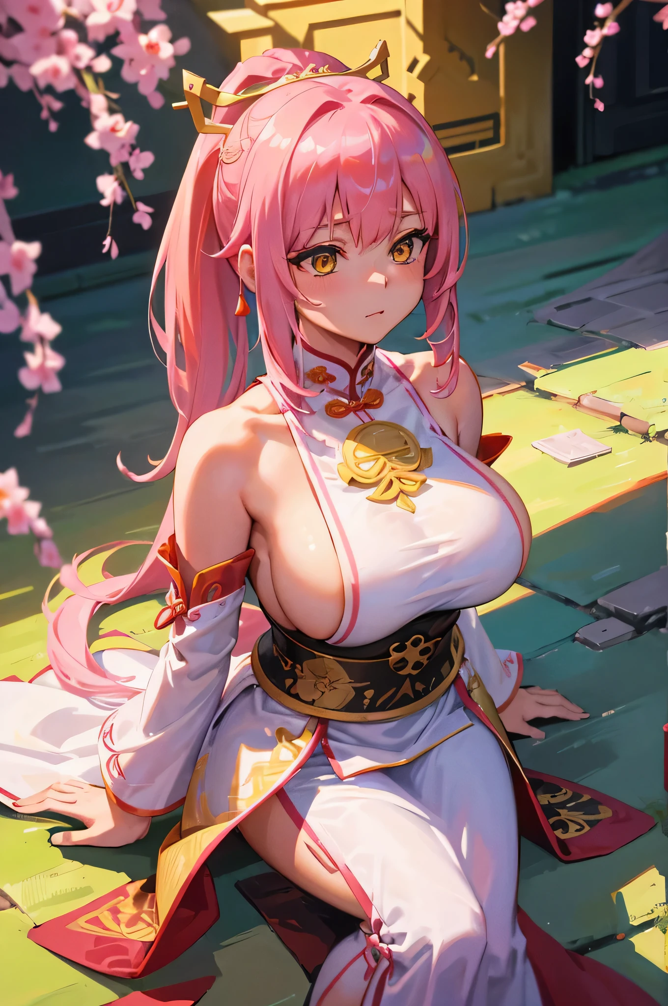 4K,High resolution,one woman,pink hair,long ponytail,yellow eyes,big breasts,ancient chinese princess,white cheongsam,side boob,princess tiara,ancient chinese royal family