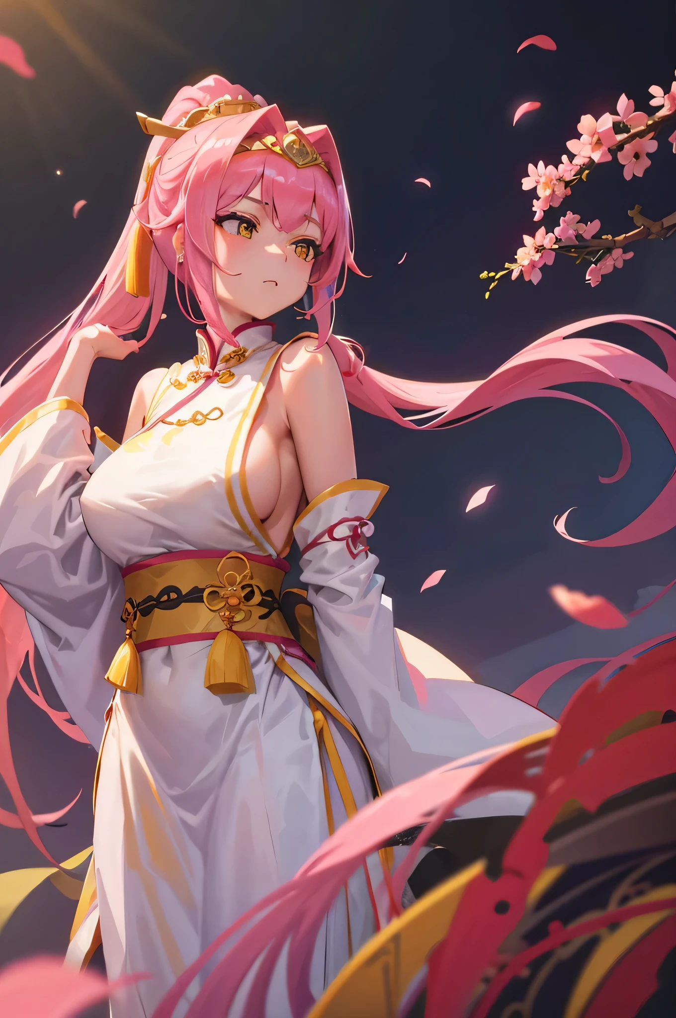 4K,High resolution,one woman,pink hair,long ponytail,yellow eyes,big breasts,ancient chinese princess,white cheongsam,side boob,princess tiara,ancient chinese royal family