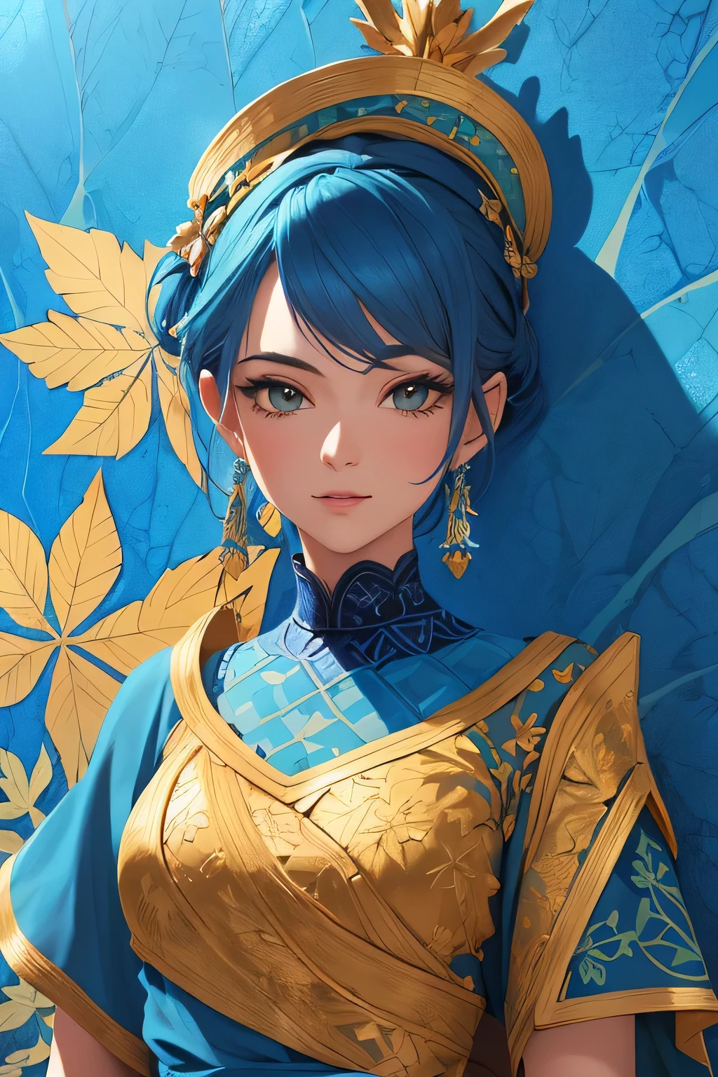material textura 2D de Azulejo con dibujo de hojas azules como patron, HD, obra maestra, preciso, super detail, detalles altos, alta calidad, premiado, Mejor calidad, high resolution