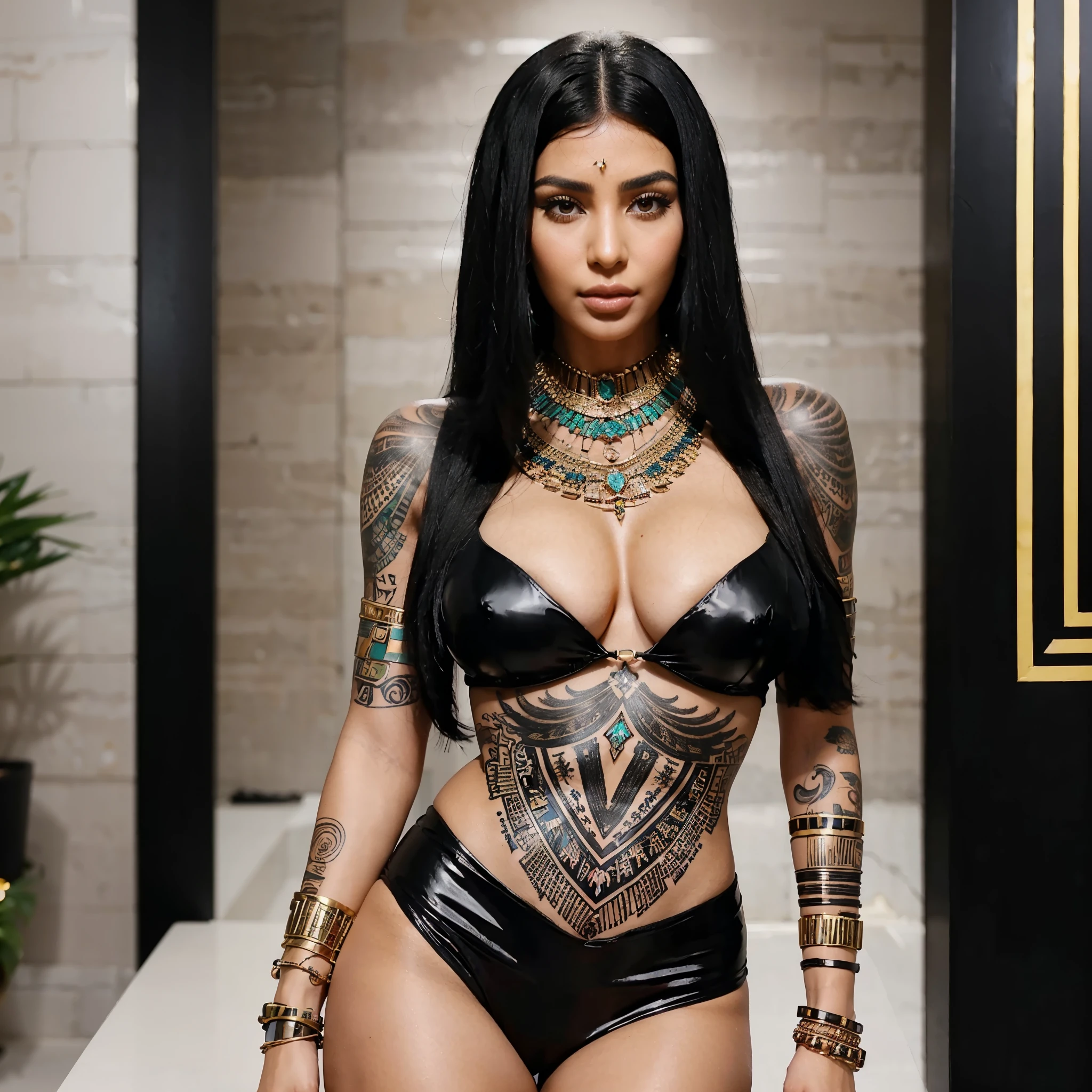 A stunning woman with jet-black hair, adorned with a plethora of jewelry, she resembles an Egyptian goddess. She is a modern Instagram influencer, dressed in a sexy suit. She looks like Kim Kardashian. Very hot and suggestive position. She is tattooed a lot.