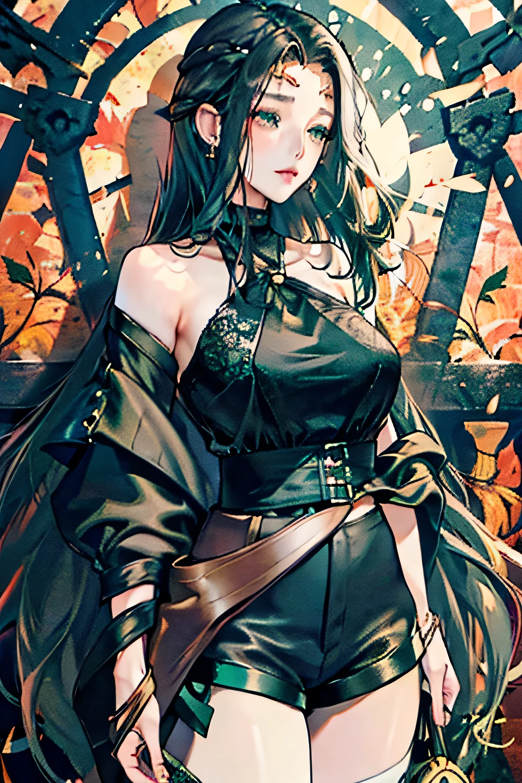 long hair, green eyes, Black hair, Black lace blouse, patterns on a blouse, leather shorts, Thigh length shorts, Emerald earrings