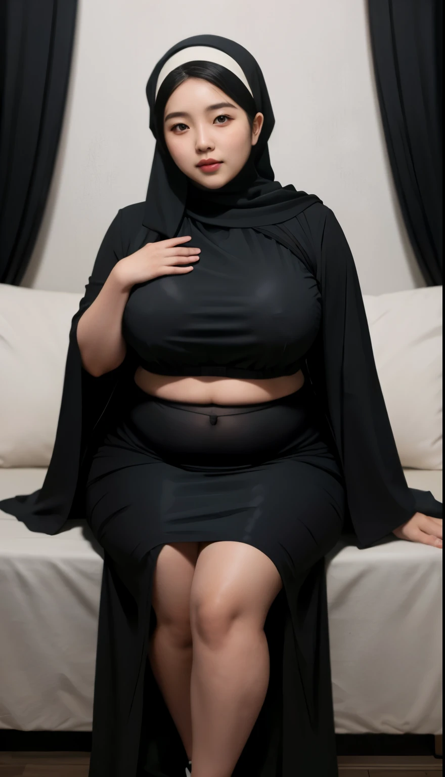 arafed woman in a longest black outfit Sitting in a chair on a black room, low light, elegant, Plain room, hijab fashion model, hijabi outfit, thicc, hijab, korean woman, wearing black robe, asian woman, bbwchan, photograph of a techwear woman, hijab, wearing a black robe, woman in black robes, random pose, wearing dark robe, asian women, korean girl, red sneakers, chubby cheeks. Full body, , 47 years old, thick body, beautiful thick female, wide hips, thick legs, she has a jiggly fat round belly, thick thighs, curvy hourglass figure, thicc, curvy model, widest hips, hyperrealistic full figure, bbwchan, voluptuous body, thick, , hena on arm, hena in belly, , muslim clothes, 47 years woman. , chubby cheeks,