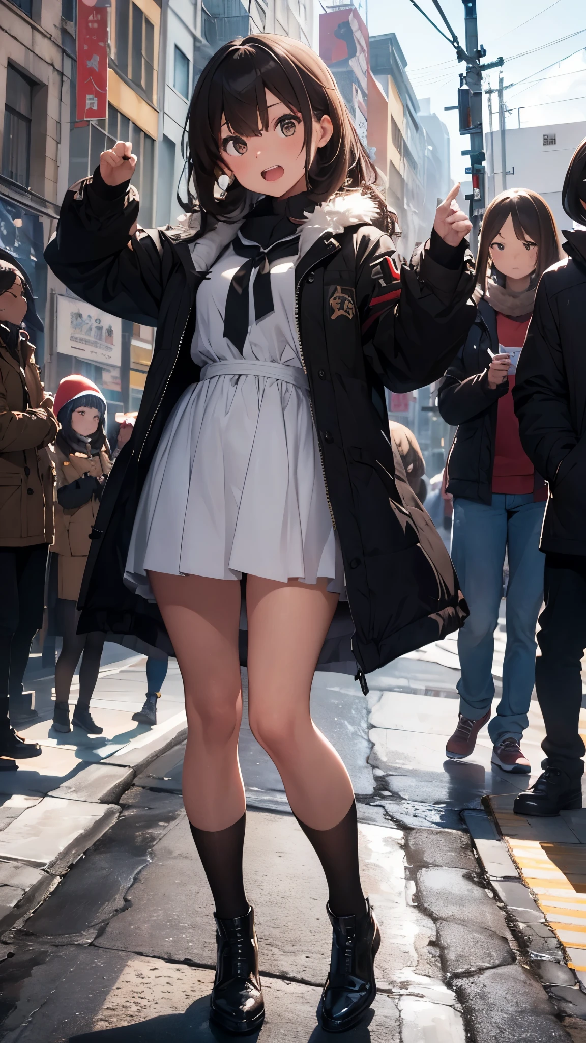 girl, dynamic angle,seven -clinging shooting, masterpiece, (detail), (perfect skin), brown hair, black hair, teeth, dark eyes, coat, focus, fur-trimmed jacket, fur collar, (((full body))), outdoors, protest, (looking at the audience), (((shooting pose))), realism, natural light,