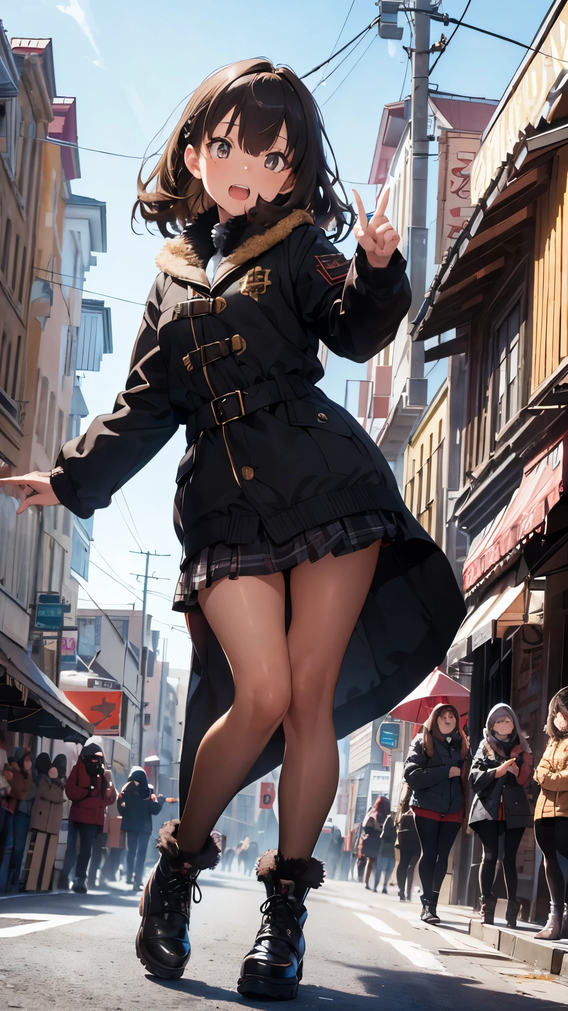 girl, dynamic angle,seven -clinging shooting, masterpiece, (detail), (perfect skin), brown hair, black hair, teeth, dark eyes, coat, focus, fur-trimmed jacket, fur collar, (((full body))), outdoors, protest, (looking at the audience), (((shooting pose))), realism, natural light,