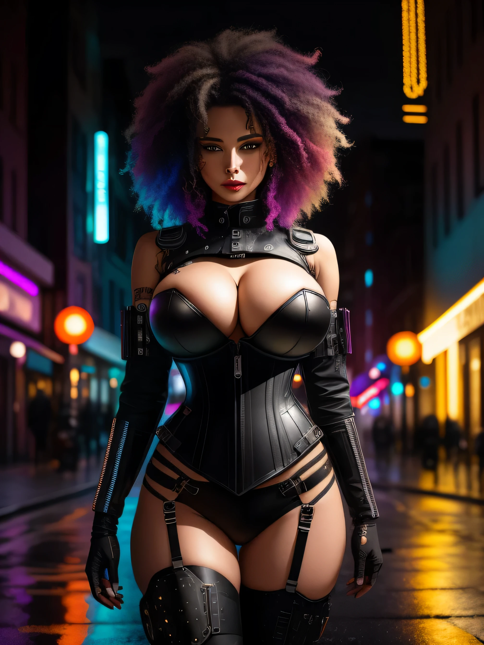 An award winning master piece photo of a cyborg woman, dishevelled hair, psychedelic colours standing in a city street at night in the rain, wearing leather corset bikini, 8k, (nice tits:1.4), (high quality:1.1), (cinematic feeling:1.1), dark deep shadows, incredibly intricate detailing, art , (up close:1.1), from above, looking at viewer, (light sparkles:1.1), (chromatic aberration,:1.2) background with floating light artefacts