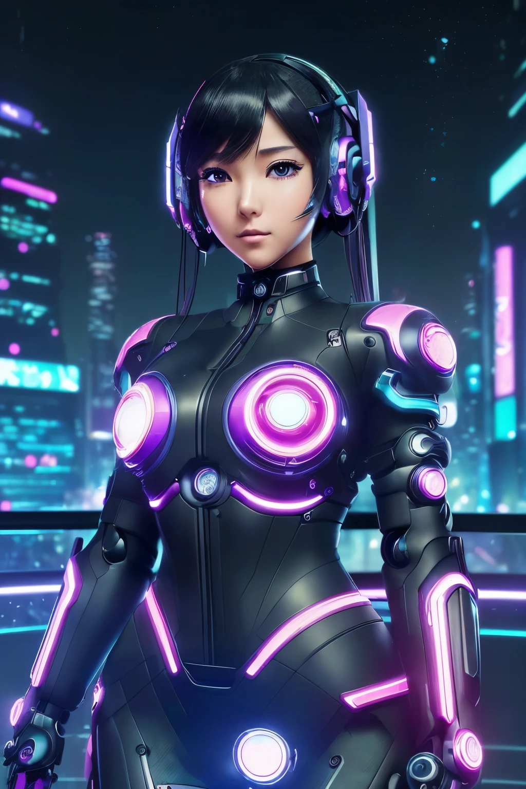 ((Awesome masterpiece anime illustration of an extremely delicate and beautiful cyber girl. her exposed face is highly detailed, showcasing every pore and curve. A mechanical member, possibly an advanced prosthetic, is attached to her neck, with tube connections adding to the intricacy. Her body is covered in a mass of wires and cables, yet she manages to maintain an air of mystery and allure. She wears a colorful Harajuku tech jacket with a prominent logo, her dynamic pose exuding confidence and strength. A futuristic motorcycle stands behind her, ready for action. The backdrop is a cybergunk cityscape, with the night sky shining through in places, casting an