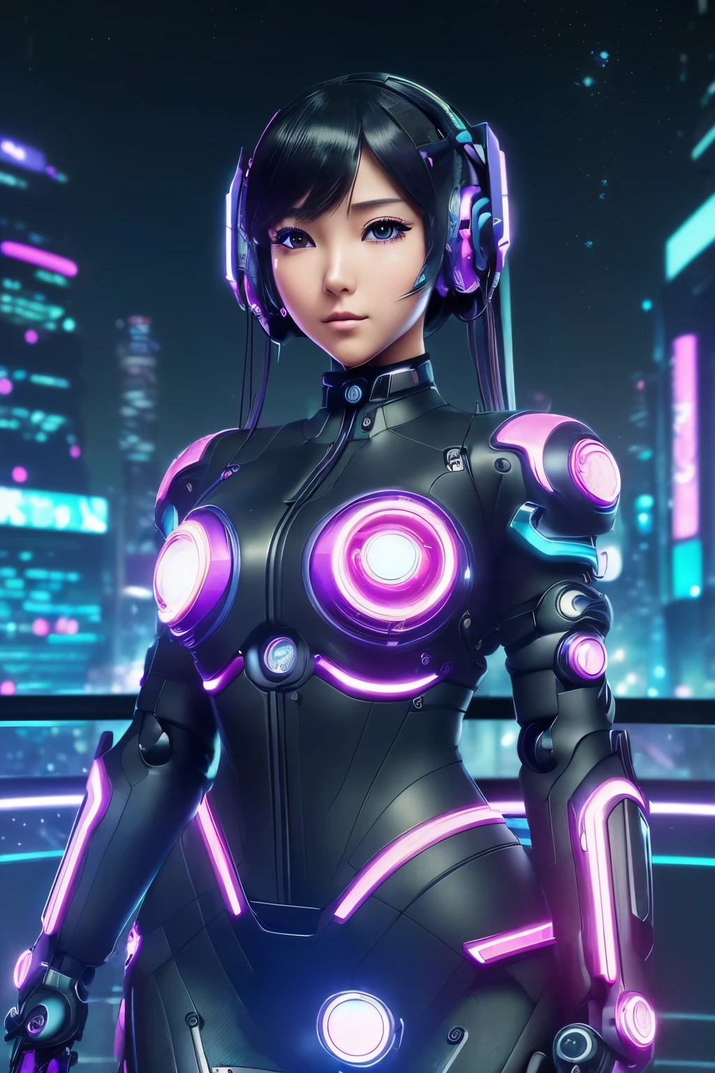 ((Awesome masterpiece anime illustration of an extremely delicate and beautiful cyber girl. her exposed face is highly detailed, showcasing every pore and curve. A mechanical member, possibly an advanced prosthetic, is attached to her neck, with tube connections adding to the intricacy. Her body is covered in a mass of wires and cables, yet she manages to maintain an air of mystery and allure. She wears a colorful Harajuku tech jacket with a prominent logo, her dynamic pose exuding confidence and strength. A futuristic motorcycle stands behind her, ready for action. The backdrop is a cybergunk cityscape, with the night sky shining through in places, casting an