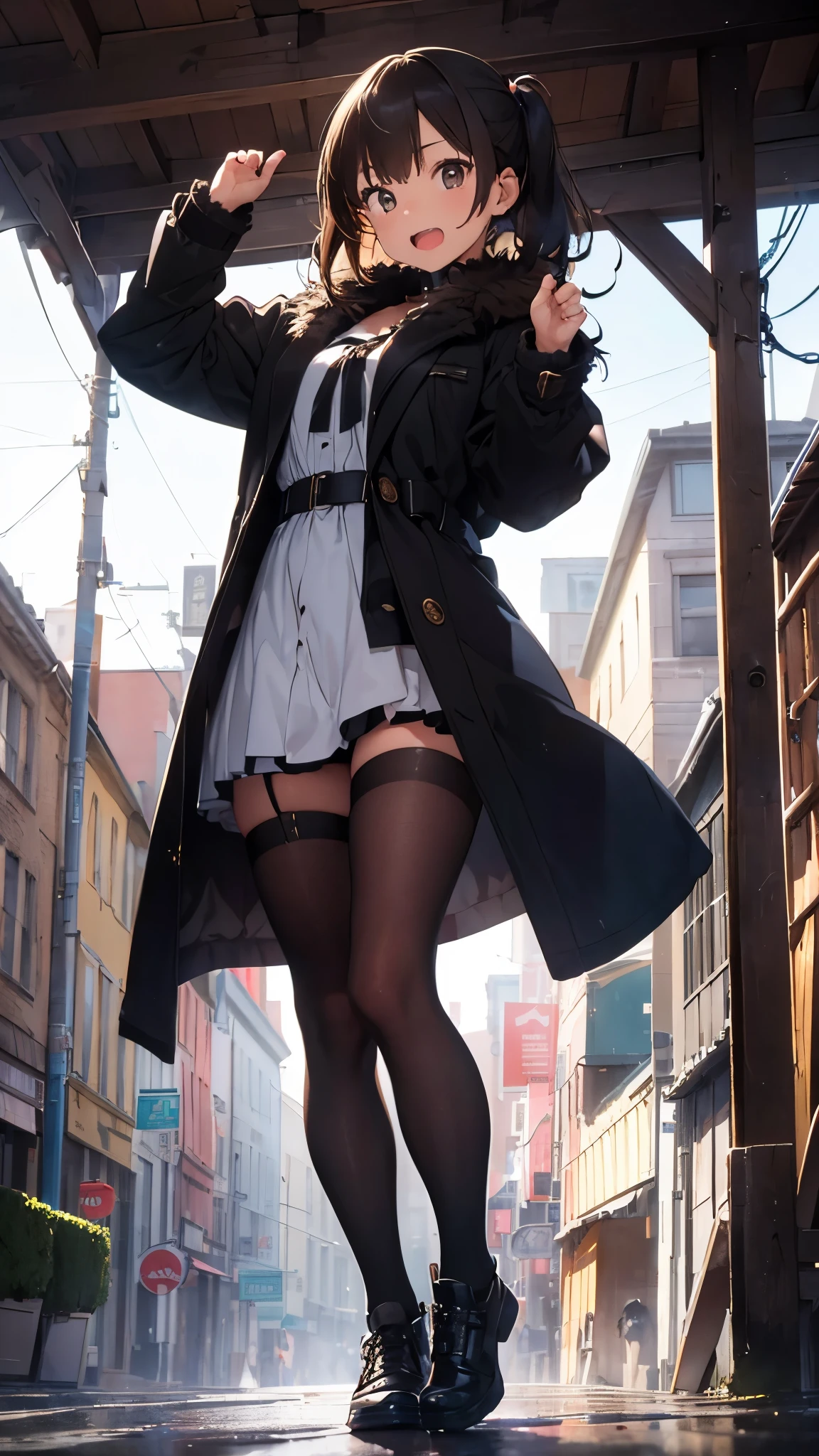 girl, dynamic angle,seven -clinging shooting, masterpiece, (detail), (perfect skin), brown hair, black hair, teeth, dark eyes, coat, focus, fur-trimmed jacket, fur collar, (((full body))), outdoors, protest, (looking at the audience), (((shooting pose))), realism, natural light,
