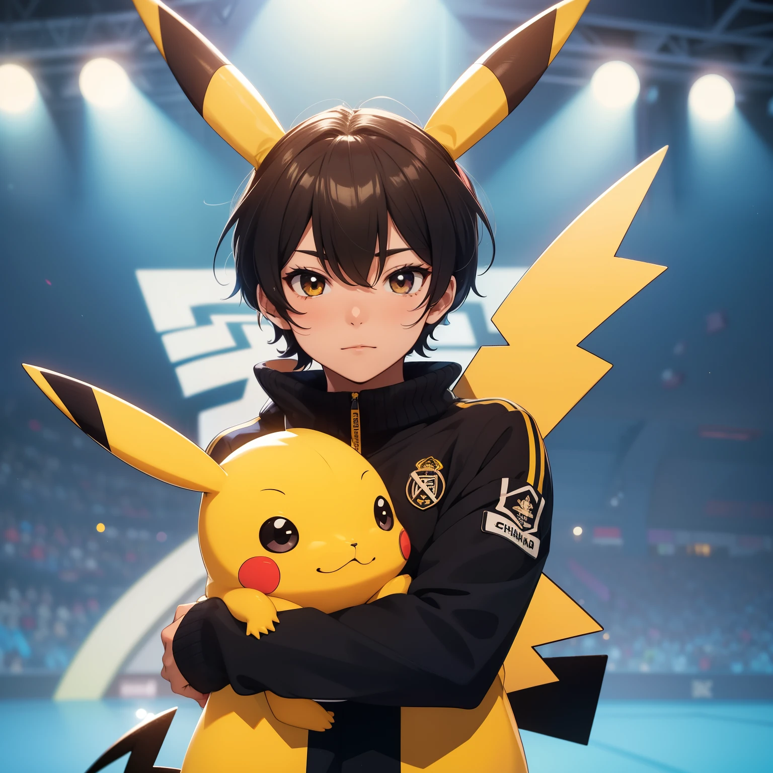 Ultra-realistic 8K CG rendition of a charming Pikachu, donning the prestigious Real Madrid soccer team's sweater. The intricately detailed design of the jersey adorns the adorable creature, blending its iconic yellow body with the team's colors – white, purple, and red. The sleeves of the sweater boast the team's crest, while the number "25" – symbolizing Pikachu's place on the team – is emblazoned on the back. The face, a perfect representation of Pikachu's features with its expressed personality, complements the sweater, adding a playful and energet