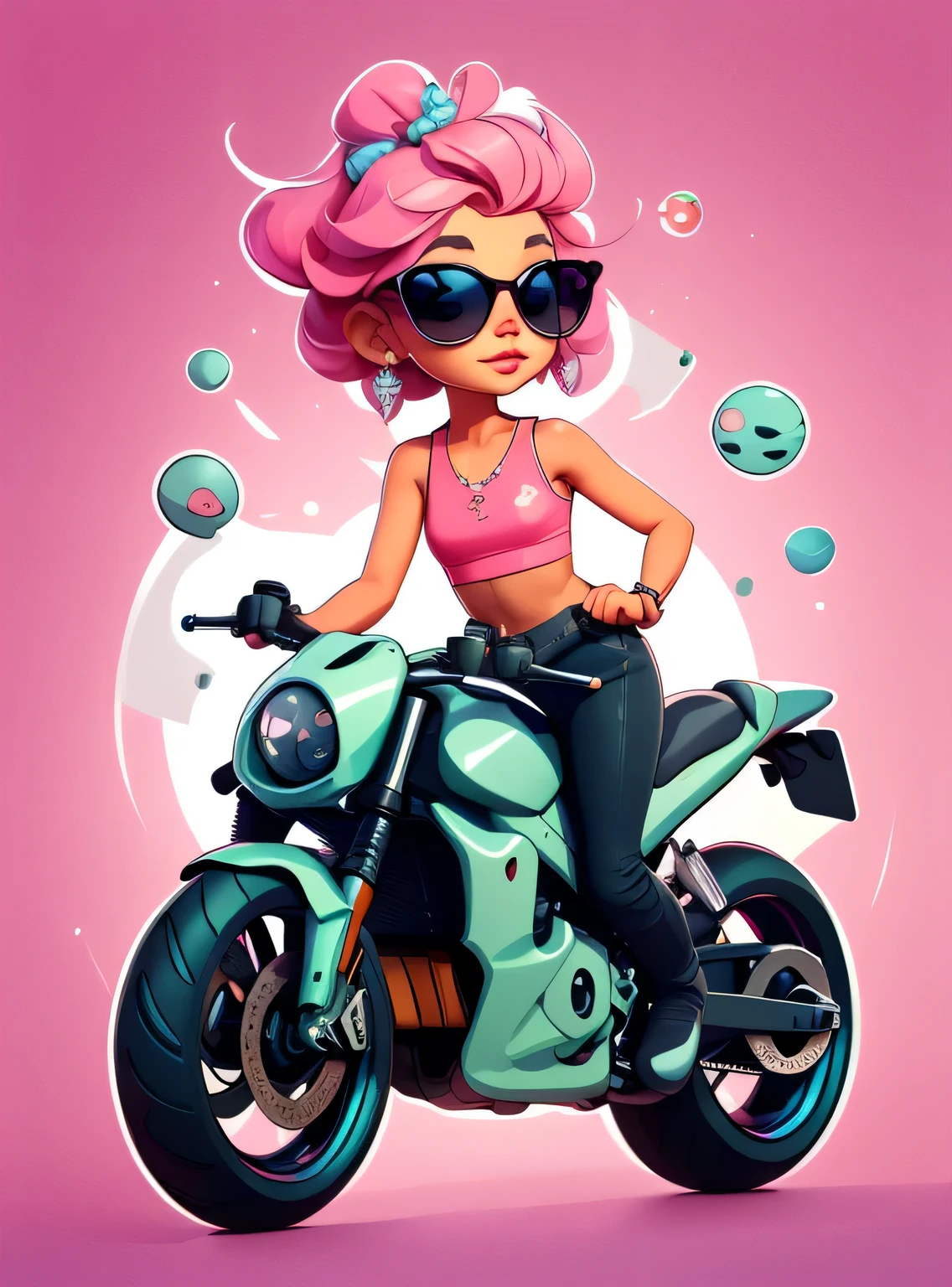 1 adesivo, manual, (adesivo, uma garota estilosa, modelo, Top rosa, escolha tingir o cabelo, oculos de sol, Cool Trend Motorcycle), fundo rosa, fundo simples, minimum, Bonitinho, pequeno, cor pastel, estilo vetorial, sem gradiente,