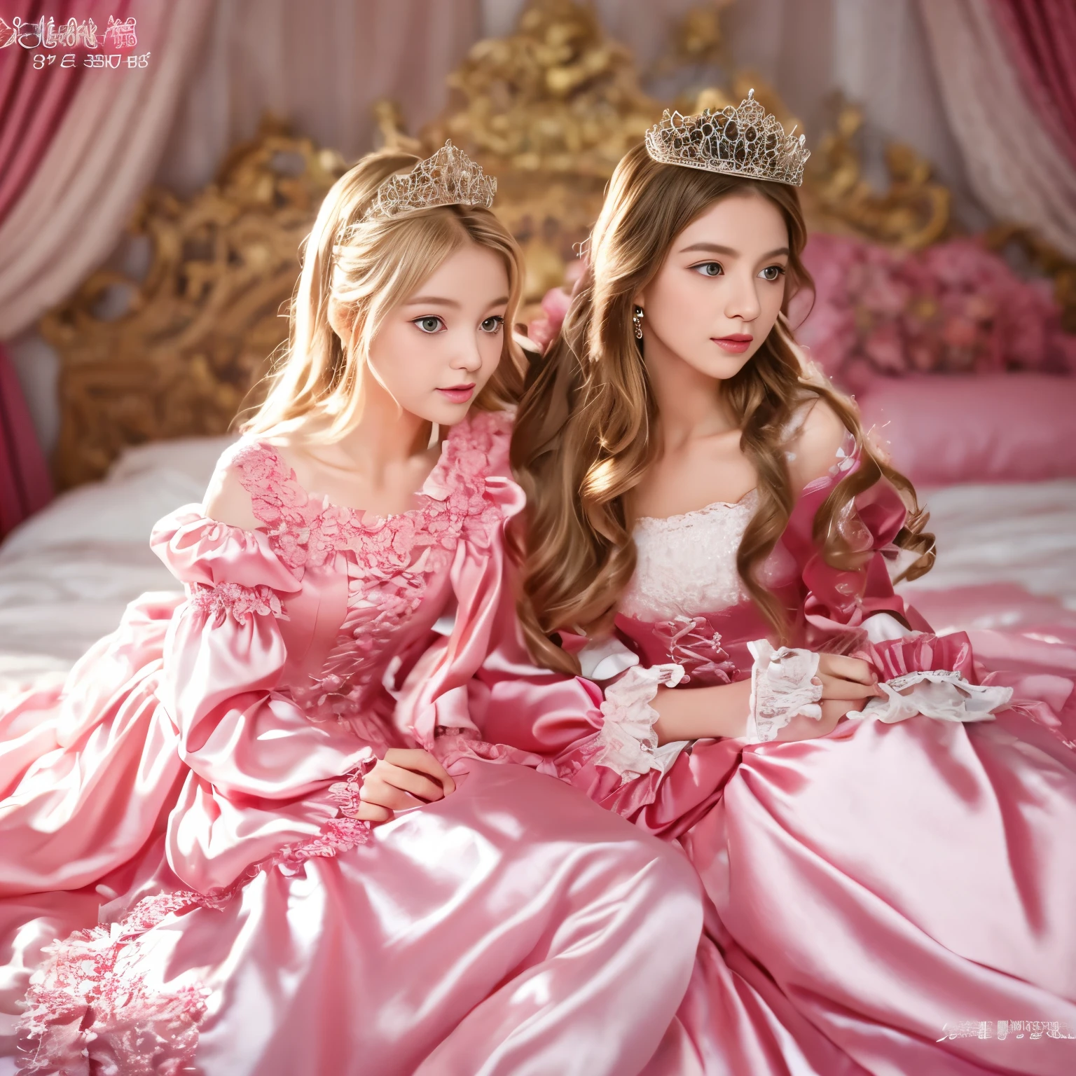 ,highest quality, masterpiece, highest resolution, artwork, super それにget used to it, many get used to it, get used to it, それにget used to it, 3K realistic photos,,((女の子)),Super detailed baby face,thls are princesses,Full length ball gown dress with hoop skirt,ruffled yoke collar,puff sleeves,long sleeve,((Lolita style hot pink detailed princess satin dress、Comes with lots of frills and ribbons。)),colorful rococo fashion,shiny satin dress,Soft and smooth fabric,luxury,long blonde hair,blue eyes,white skin european,pajamas,((inside the palace)),,,(( 10 years old)),Super y face,Full length ball gown d hoop skirt,long skirt,ruffled yoke collar,puff sleeves,腰まで伸びるlong blonde hair,blue eyes,white skin european,pajamas,((inside the palace bedroom)),シルクサテンのluxuryなcanopy bedの上,canopy bed,Luxurious curtains on both sides of the bed,many frilly pillows on the bed,super detailed background,Detailed bed,romantic atmosphere,two little princesses on the bed,Two people hugging each other,((((Both legs are hidden in the dress)))),the dress is spread out on the bed,Silk satin bed sheets in pastel colors,soft silk satin comforter,Soft silk satin ruffled pillow in pastel colors,Beautiful girl illustration,detailed beautiful face detailed hair,detailed human eye ,detailed mouth, arm details,fine hands,Detailed pillow,