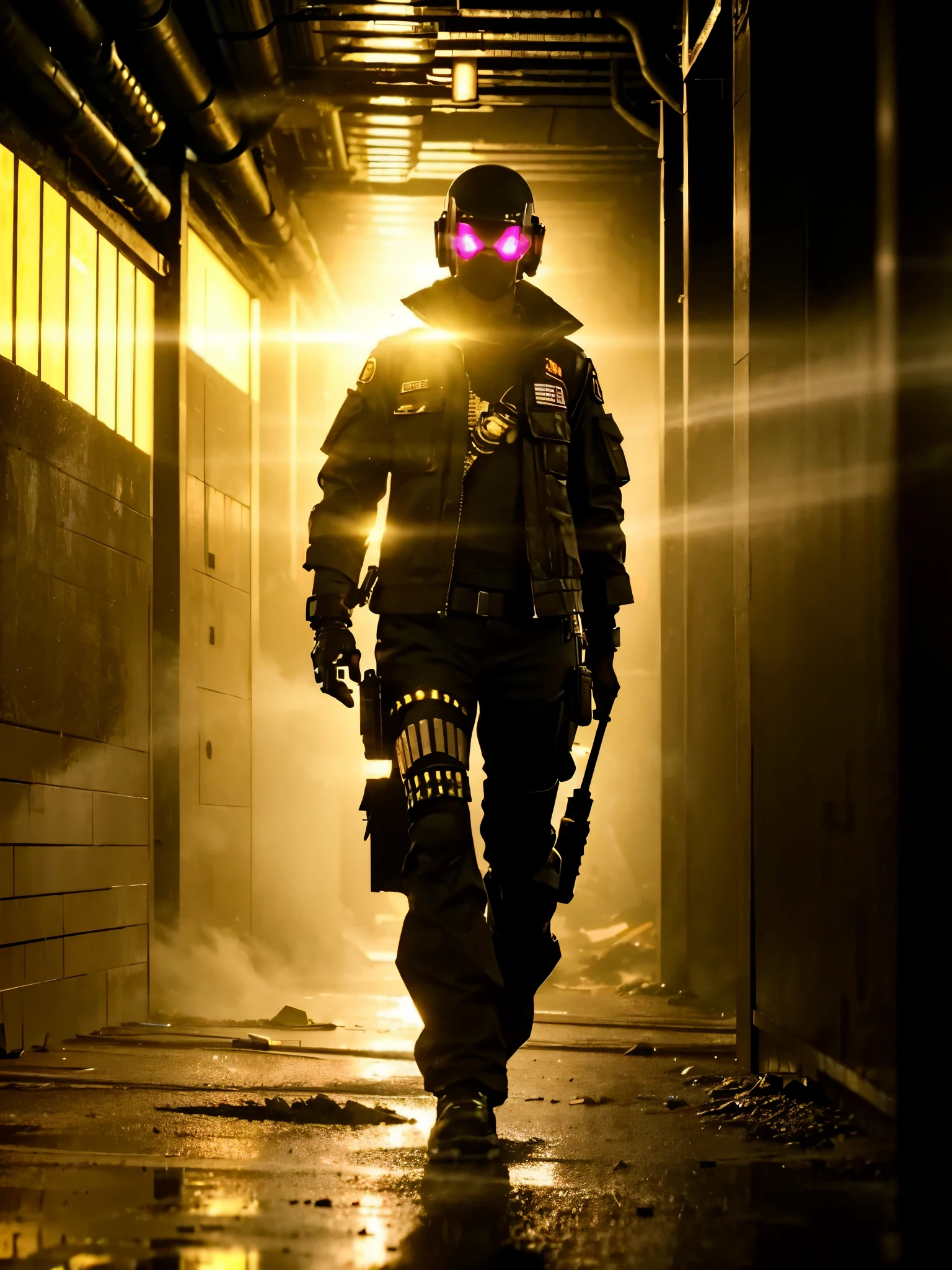 (4k,masterwork), realistic, 1girl, young, a female decker in a (shadowrun style background), ragged military grade clothing, cybernetic left eye, crowded urban ambience, dark and dusty ambience, trash, decadent look, neon ligths, smoke coming from the sewer