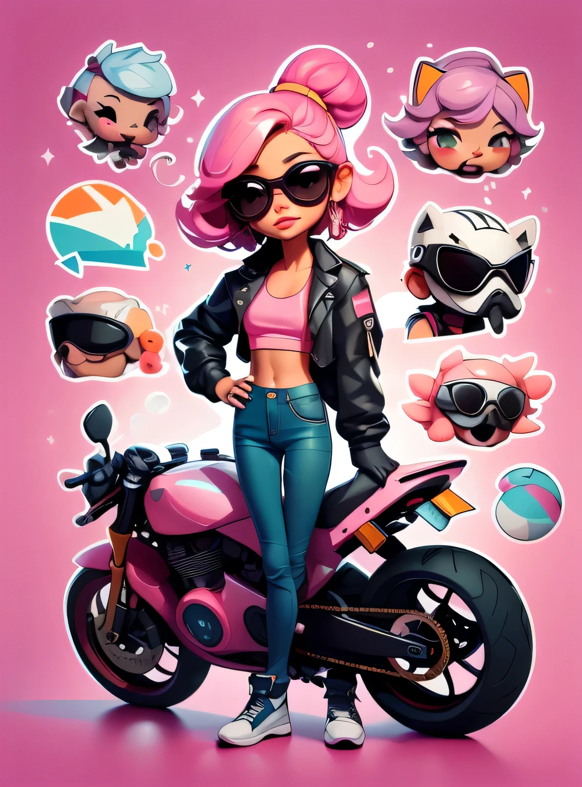 1 adesivo, manual, (adesivo, uma garota estilosa, modelo, Top rosa, escolha tingir o cabelo, oculos de sol, Cool Trend Motorcycle), fundo rosa, fundo simples, minimum, Bonitinho, pequeno, cor pastel, estilo vetorial, sem gradiente,