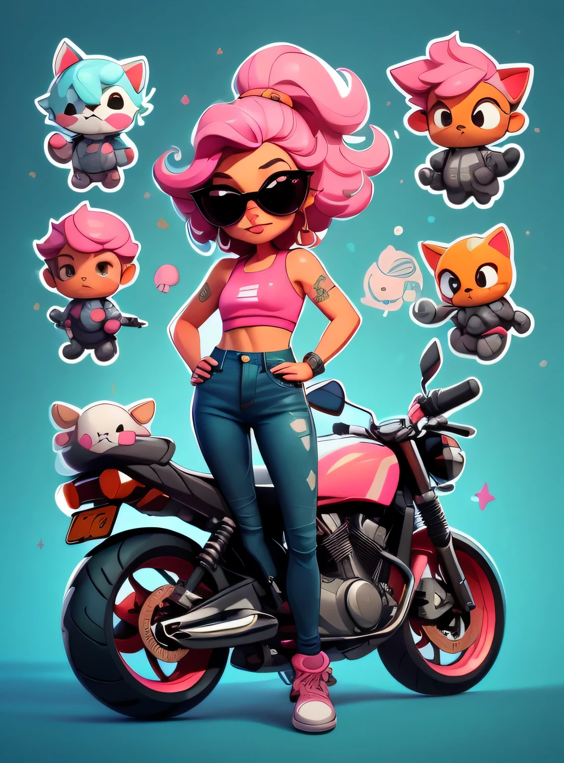 1 adesivo, manual, (adesivo, uma garota estilosa, modelo, Top rosa, escolha tingir o cabelo, oculos de sol, Cool Trend Motorcycle), fundo azul, fundo simples, minimum, Bonitinho, pequeno, cor pastel, estilo vetorial, sem gradiente,