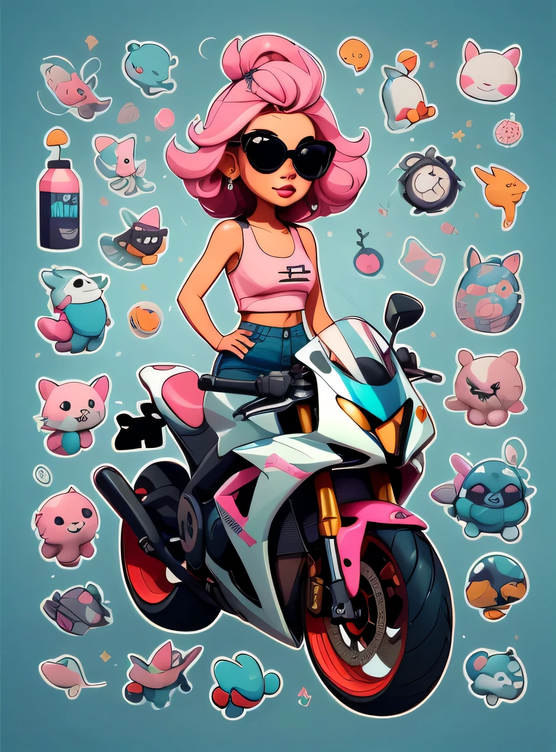 1 adesivo, manual, (adesivo, uma garota estilosa, modelo, Top rosa, escolha tingir o cabelo, oculos de sol, Cool Trend Motorcycle), lilac background, fundo simples, minimum, Bonitinho, pequeno, cor pastel, estilo vetorial, sem gradiente,