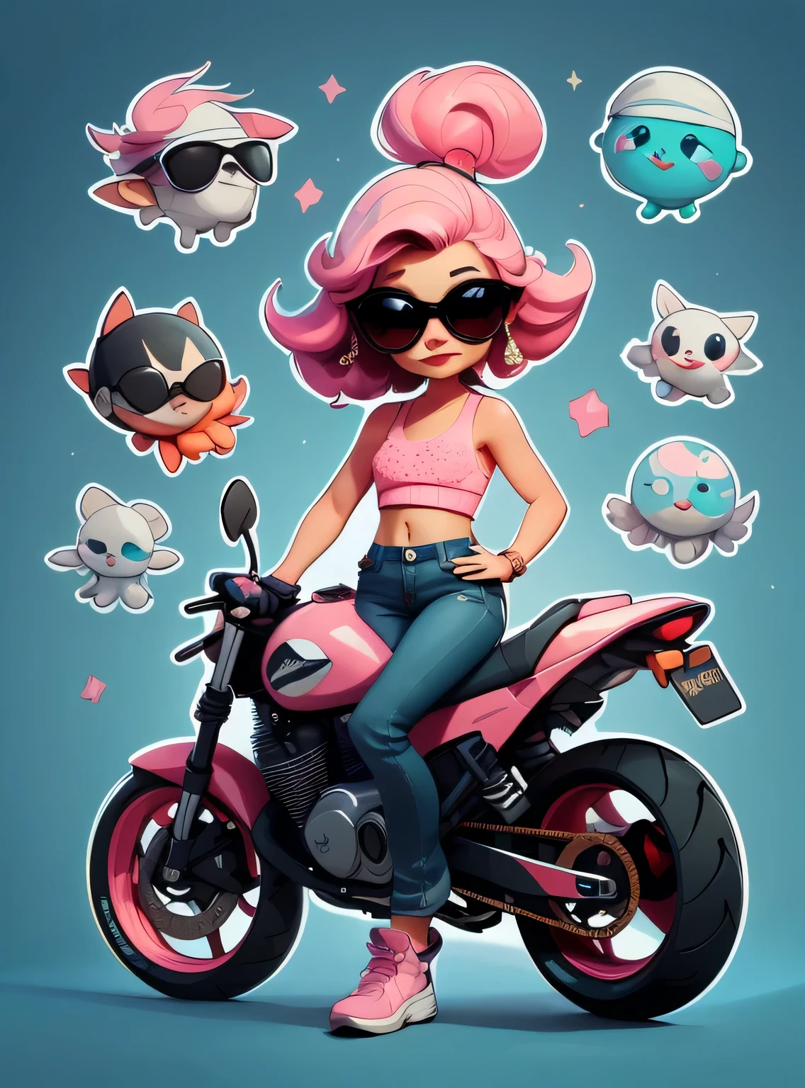 1 adesivo, manual, (adesivo, uma garota estilosa, modelo, Top rosa, escolha tingir o cabelo, oculos de sol, Cool Trend Motorcycle), fundo azul, fundo simples, minimum, Bonitinho, pequeno, cor pastel, estilo vetorial, sem gradiente,