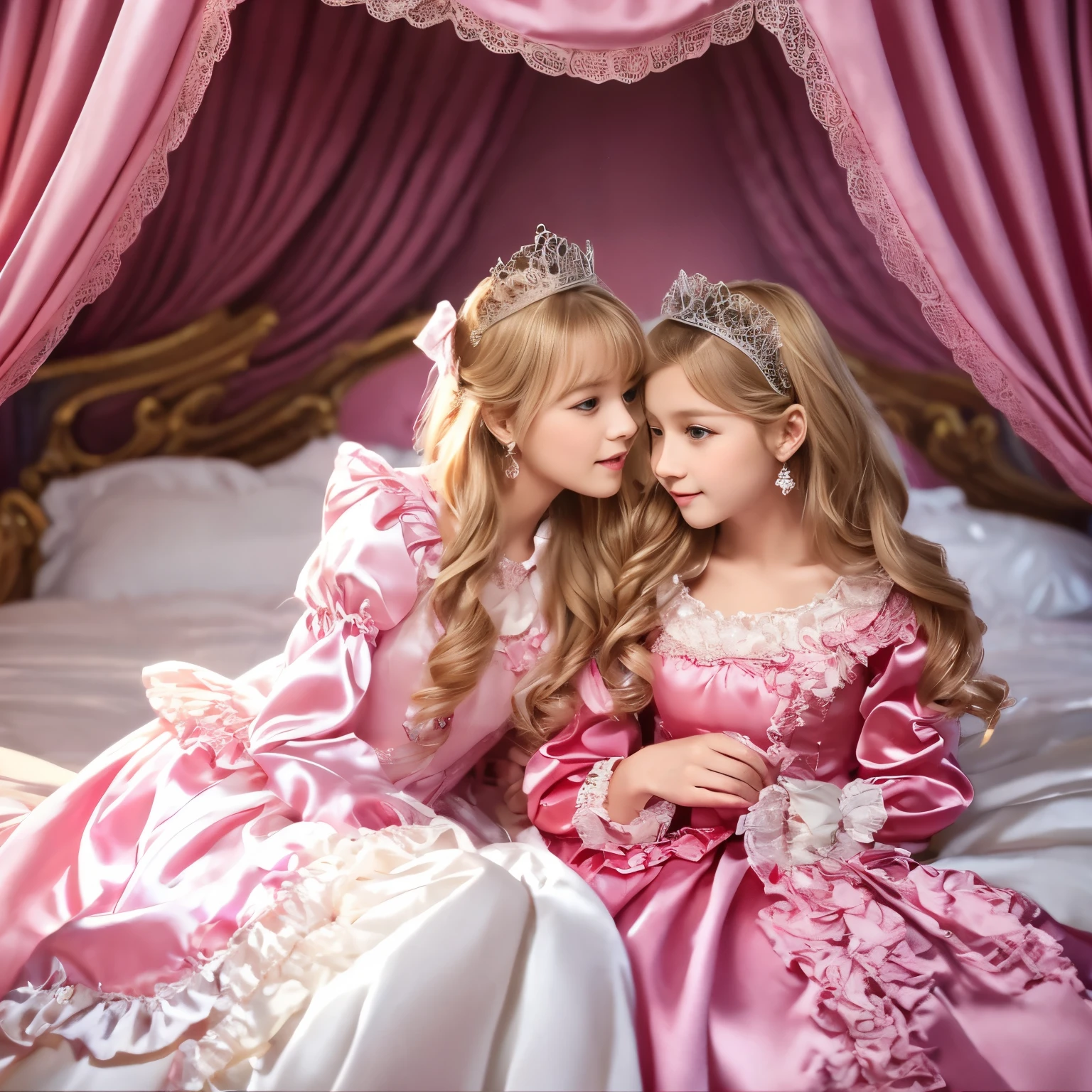 ,highest quality, masterpiece, highest resolution, artwork, super それにget used to it, many get used to it, get used to it, それにget used to it, 3K realistic photos,,((女の子)),Super detailed baby face,the two girls are princesses,Full length ball gown dress with hoop skirt,ruffle yoke collar,puff sleeves,long sleeve,((Lolita style pink detailed princess satin dress、Comes with lots of frills and ribbons。)),colorful rococo fashion,shiny satin dress,Soft and smooth fabric,luxury,long blonde hair,blue eyes,white skin european,pajamas,((inside the palace)),,,(( 10 years old)),Sd baby face,Full length ball gown dress with hoop skirt,long skirt,ruffle yoke collar,puff sleeves,腰まで伸びるlong blonde hair,blue eyes,white skin european,pajamas,((inside the palace bedroom)),シルクサテンのluxuryなcanopy bedの上,canopy bed,Luxurious curtains on both sides of the bed,many frilly pillows on the bed,super detailed background,Detailed bed,romantic atmosphere,two little princesses on the bed,Two people hugging each other,((((Both legs are hidden in the dress)))),the dress is spread out on the bed,soft silk satin comforter,soft silk satin ruffled pillow,Beautiful girl illustration,detailed beautiful face detailed hair,detailed human eye ,detailed mouth, arm details,fine hands,Detailed pillow,