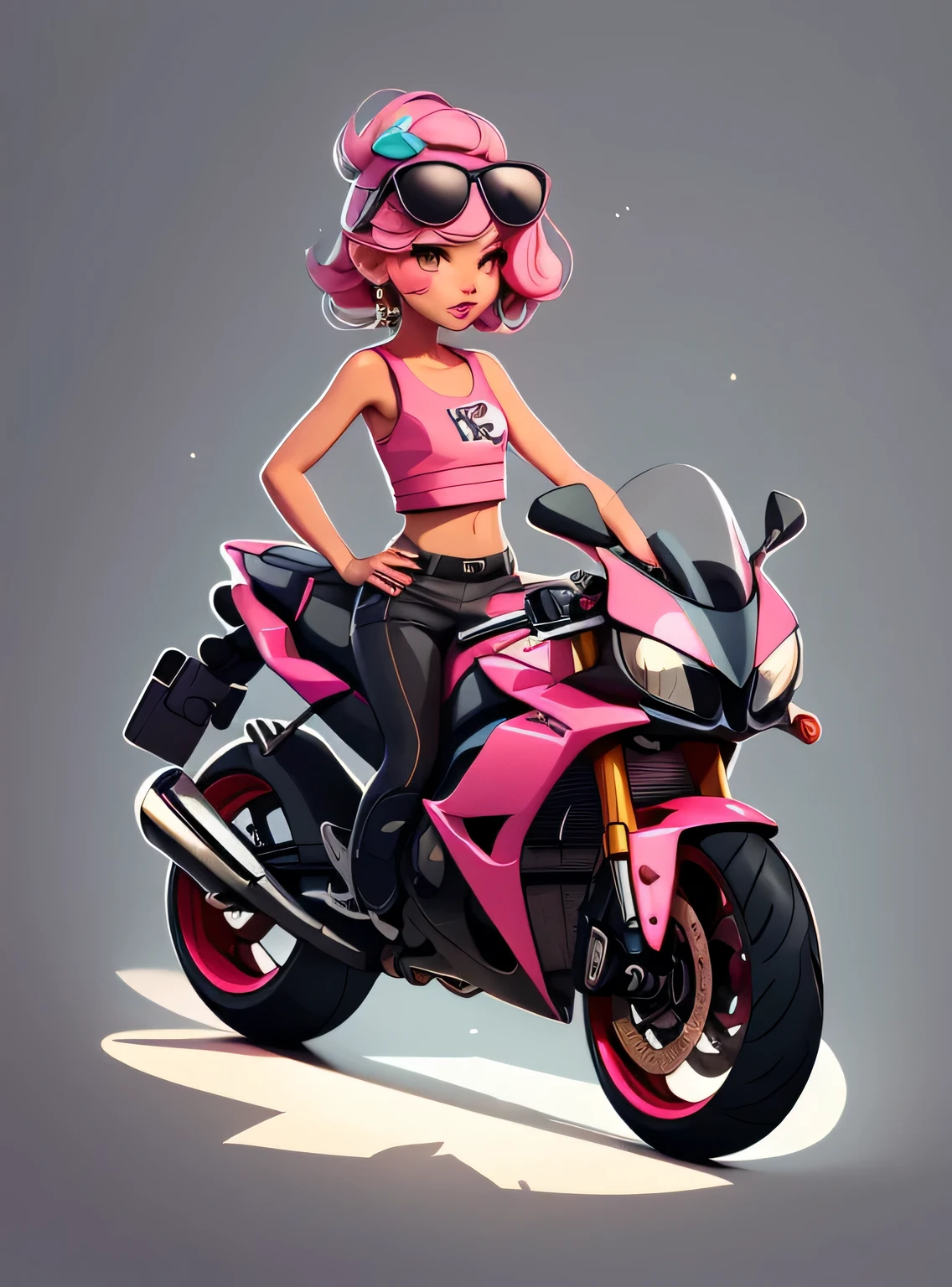 1 adesivo, manual, (adesivo, uma garota estilosa, modelo, Top rosa, escolha tingir o cabelo, oculos de sol, Cool Trend Motorcycle), fundo cinza, fundo simples, minimum, Bonitinho, pequeno, cor pastel, estilo vetorial, sem gradiente,