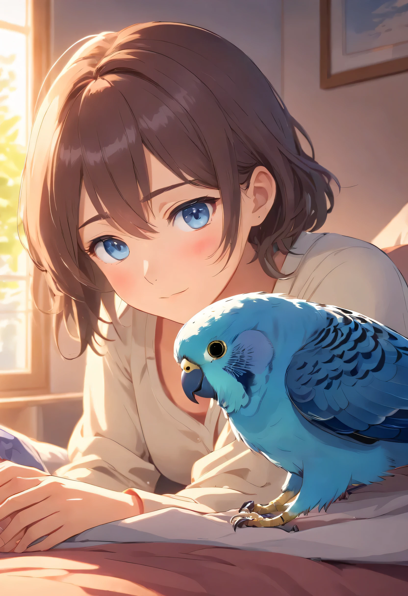 highest quality,4K,8K,High resolution,table top:1.2),Super detailed, in house、sleeping in bed、Where the morning sun shines in and wakes up、Gentle soft smile staring at budgies,Button pajamas that flutter slightly、The budgie wakes up with a cry、beautiful歌で、beautiful,beautiful detailed eyes,Blue budgie,Soft blue eyes,portrait,Subtle tones,soft lighting