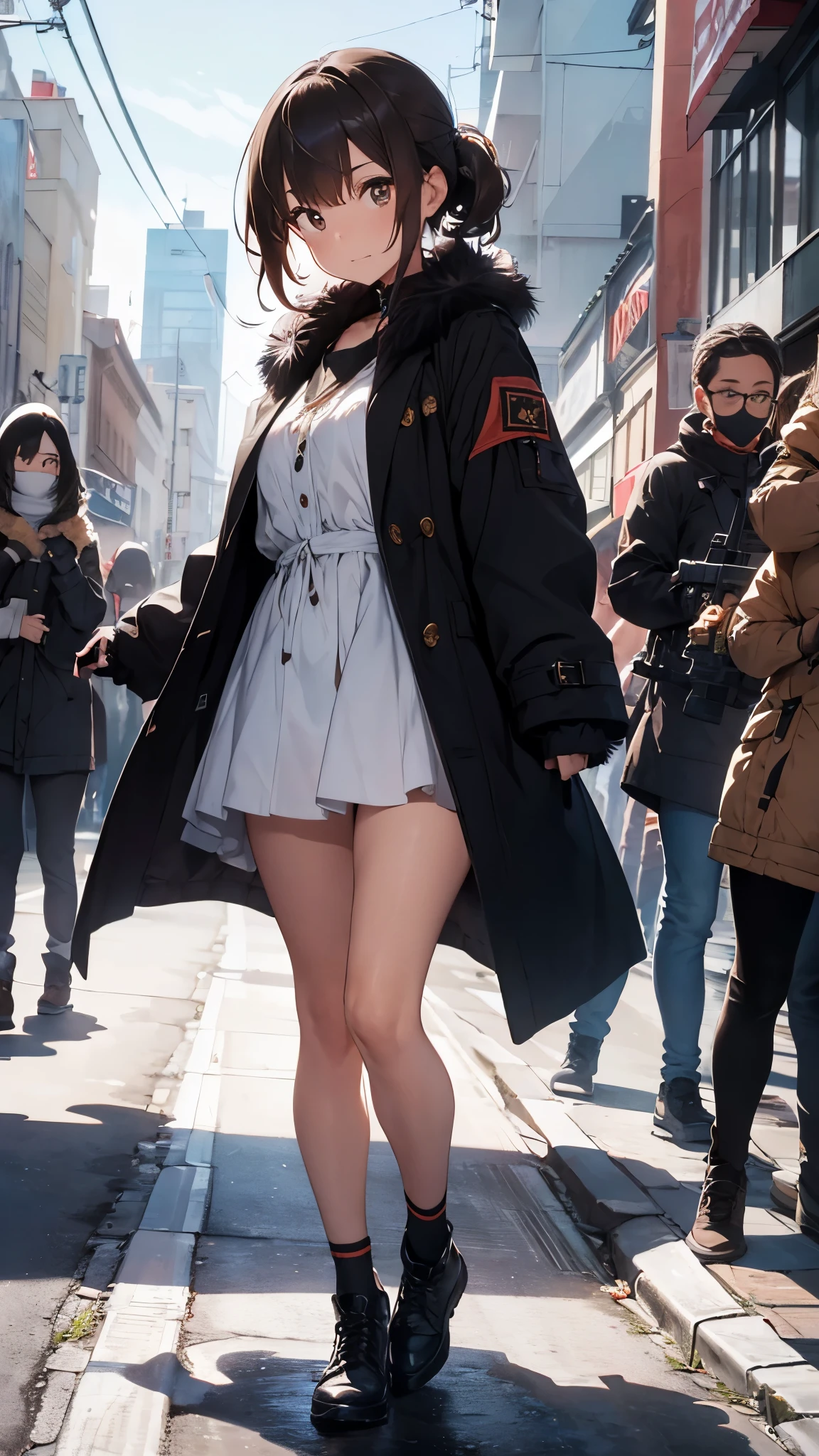girl, dynamic angle,seven -clinging shooting, masterpiece, (detail), (perfect skin), brown hair, black hair, teeth, dark eyes, coat, focus, fur-trimmed jacket, fur collar, (((full body))), outdoors, protest, (looking at the audience), (((shooting pose))), realism, natural light,