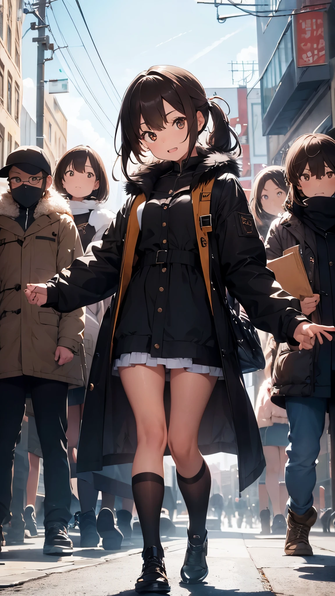 girl, dynamic angle,seven -clinging shooting, masterpiece, (detail), (perfect skin), brown hair, black hair, teeth, dark eyes, coat, focus, fur-trimmed jacket, fur collar, (((full body))), outdoors, protest, (looking at the audience), (((shooting pose))), realism, natural light,