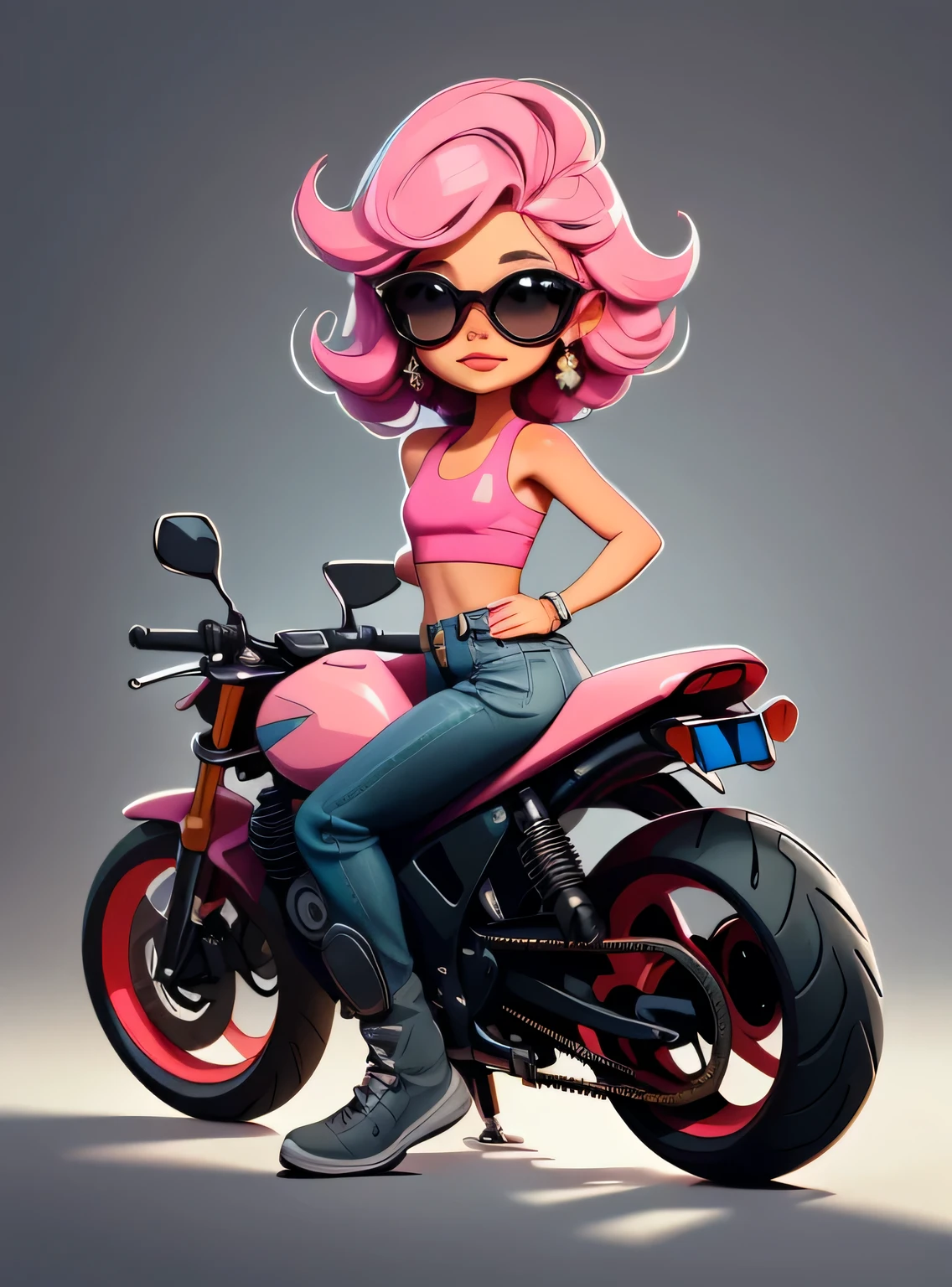 1 adesivo, manual, (adesivo, uma garota estilosa, modelo, Top rosa, escolha tingir o cabelo, oculos de sol, Cool Trend Motorcycle), fundo cinza, fundo simples, minimum, Bonitinho, pequeno, cor pastel, estilo vetorial, sem gradiente,