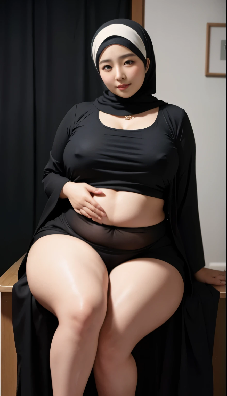 arafed woman in a longest black outfit Sitting in a chair on a black room, low light, elegant, Plain room, hijab fashion model, hijabi outfit, thicc, hijab, korean woman, wearing black robe, asian woman, bbwchan, photograph of a techwear woman, hijab, wearing a black robe, woman in black robes, random pose, wearing dark robe, asian women, korean girl, red sneakers, chubby cheeks. Full body, , 47 years old, thick body, beautiful thick female, wide ????, thick legs, she has a jiggly fat round belly, thick thighs, curvy hourglass figure, thicc, curvy model, widest ????, hyperrealistic full figure, bbwchan, voluptuous body, thick, , hena on arm, hena in belly, , muslim clothes, 47 years woman. , chubby cheeks, 